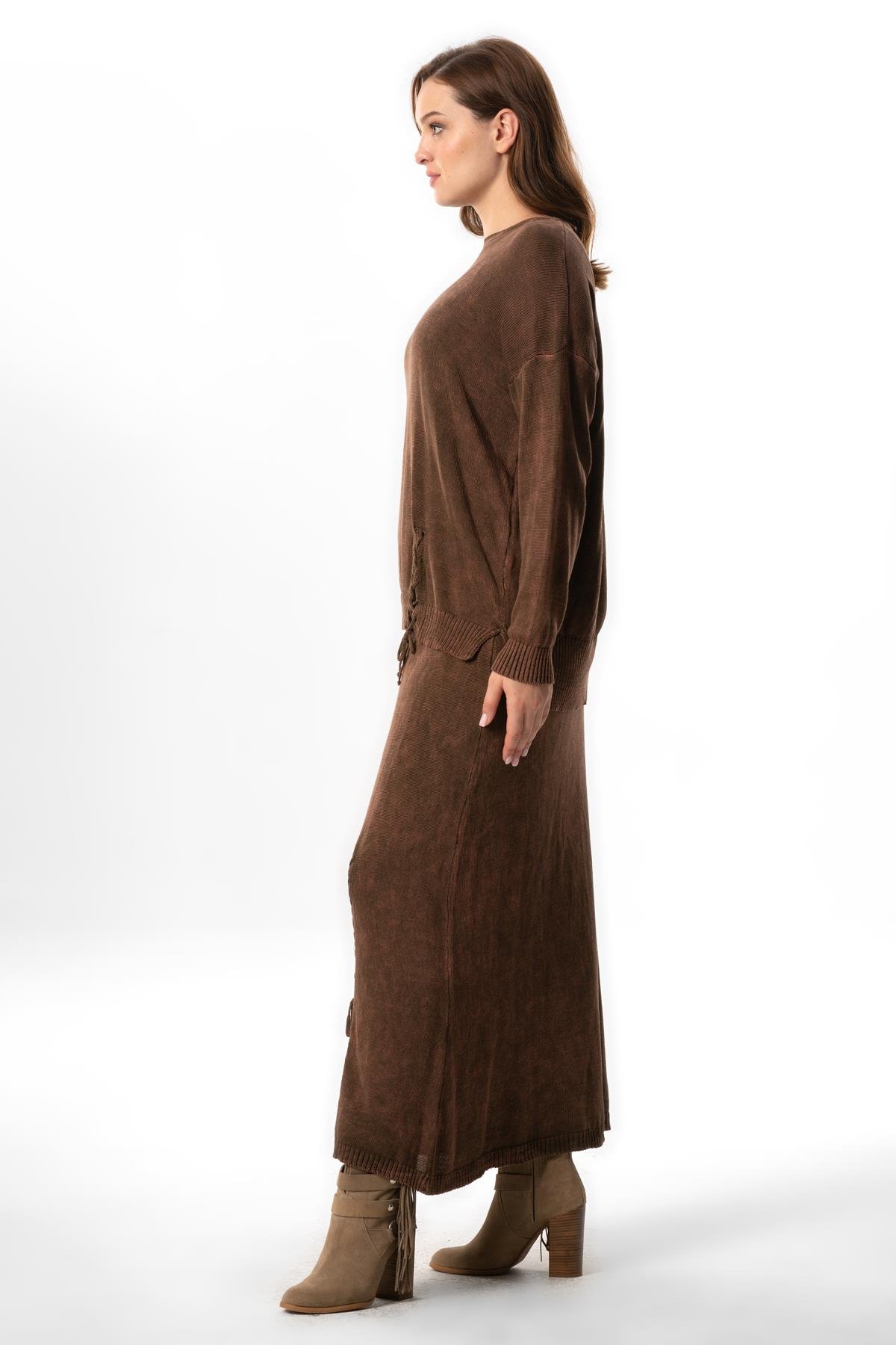 Elastic Waist Berra Binding Detailed Fall and Winter Long Knitwear Skirt Brown