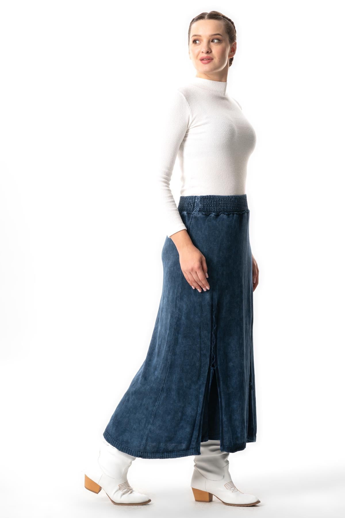 Elastic Waist Berra Binding Detailed Fall and Winter Long Knitwear Skirt Indigo
