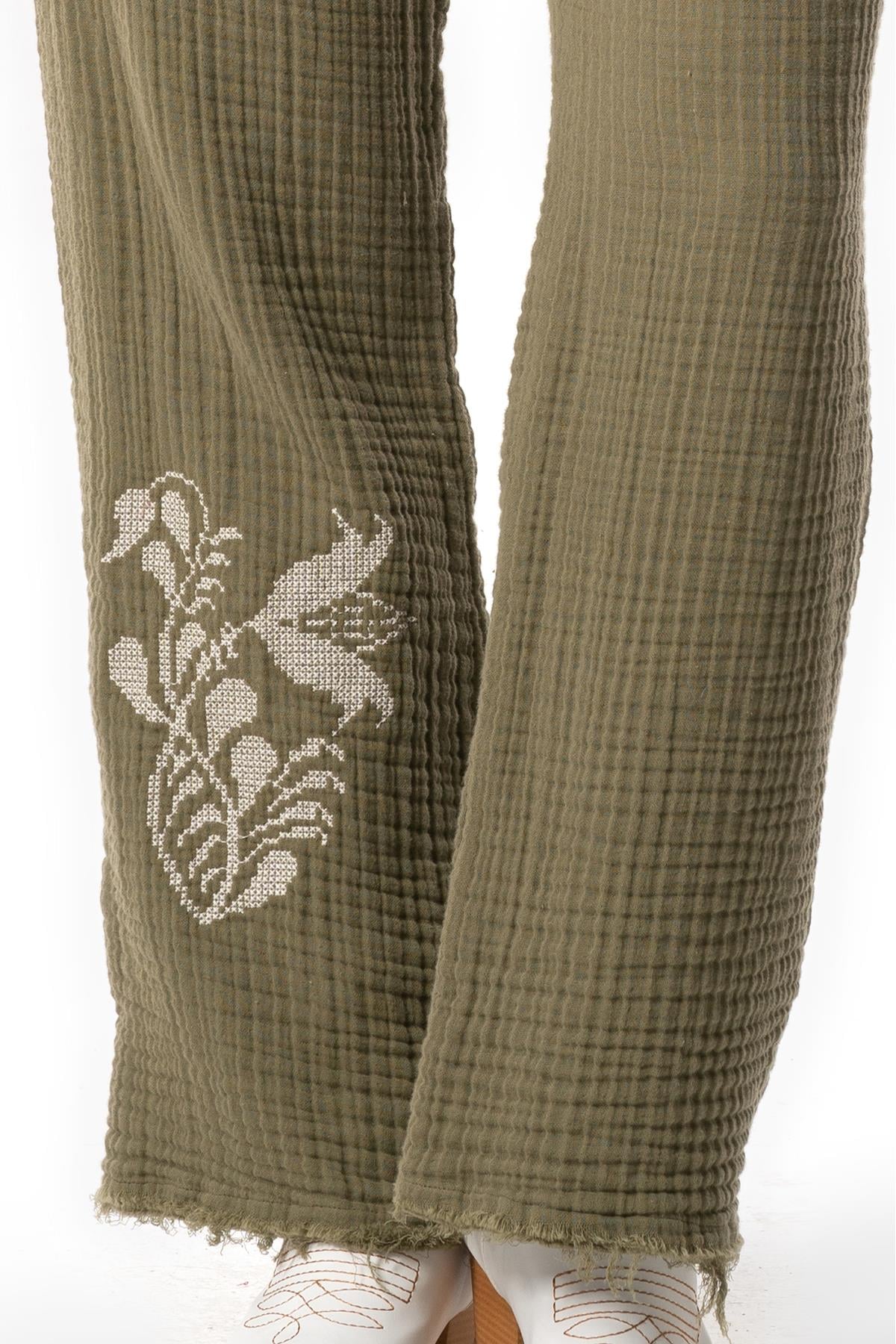 Filiz Fall-Winter Embroidery Detailed Double Muslin Pants Khaki