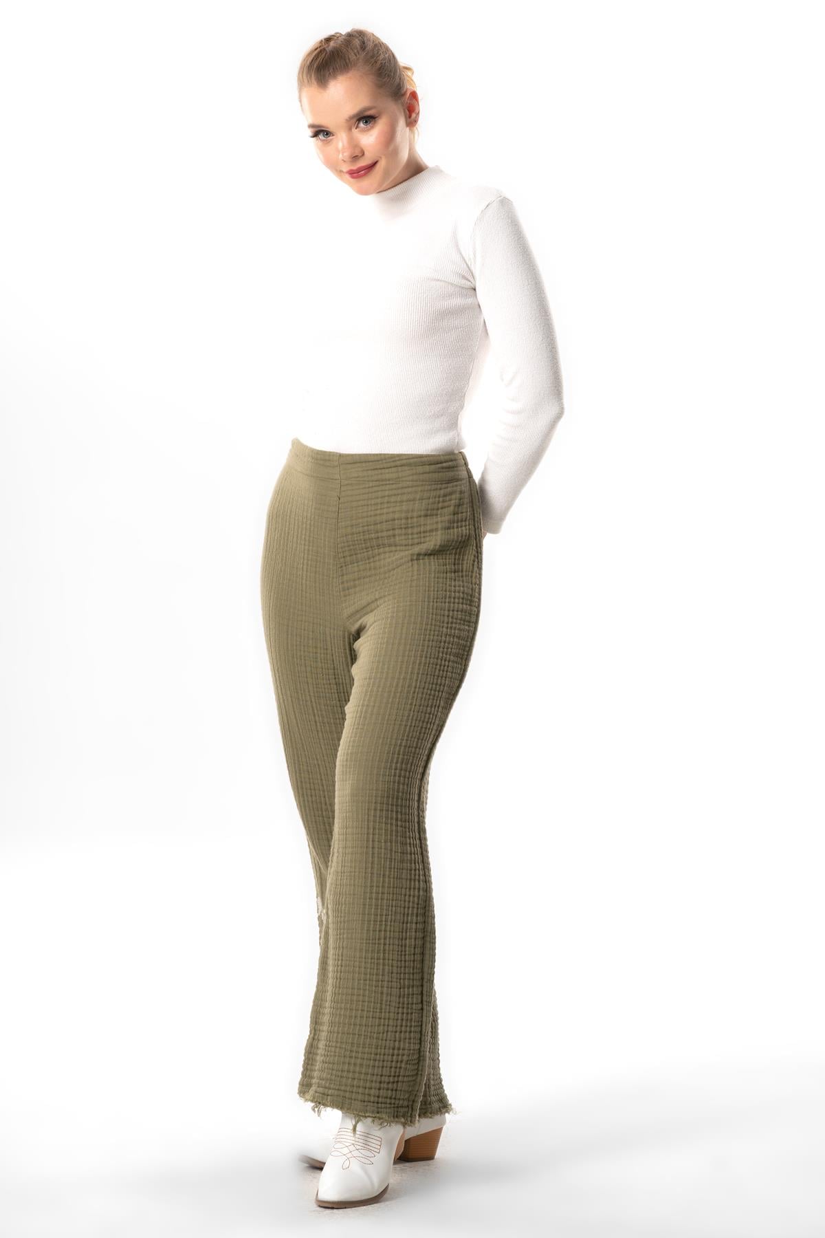Filiz Fall-Winter Embroidery Detailed Double Muslin Pants Khaki