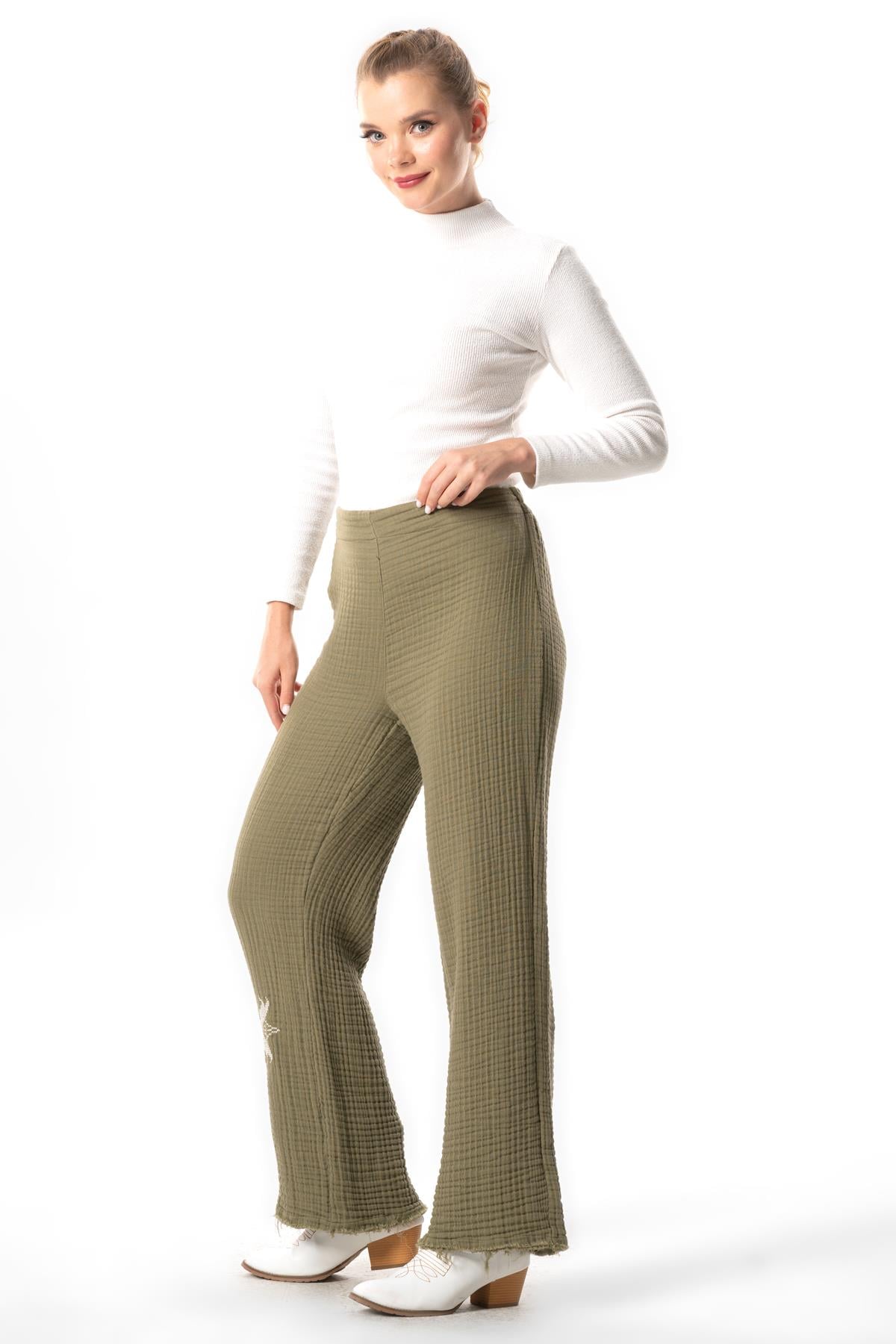 Filiz Fall-Winter Embroidery Detailed Double Muslin Pants Khaki