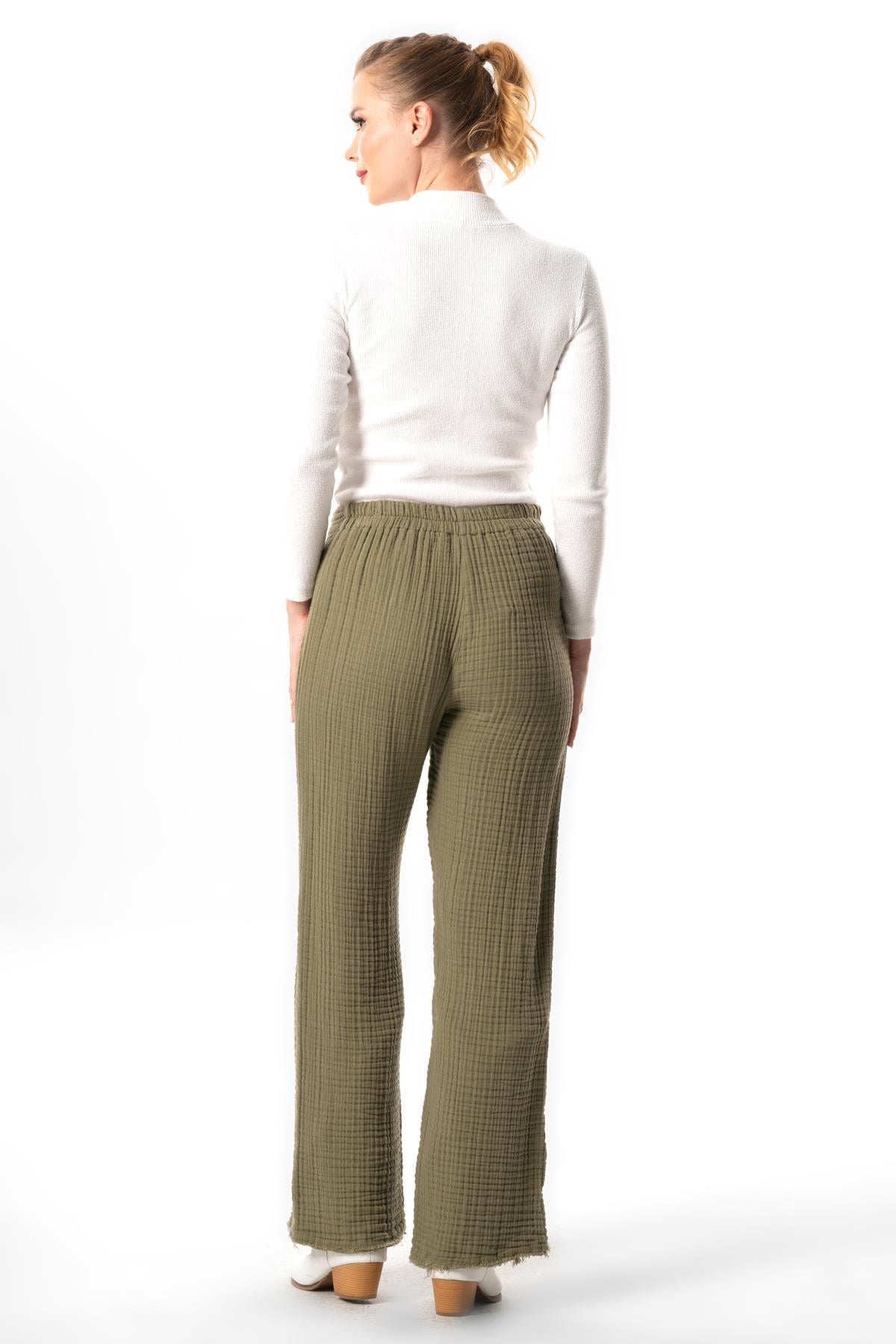 Filiz Fall-Winter Embroidery Detailed Double Muslin Pants Khaki