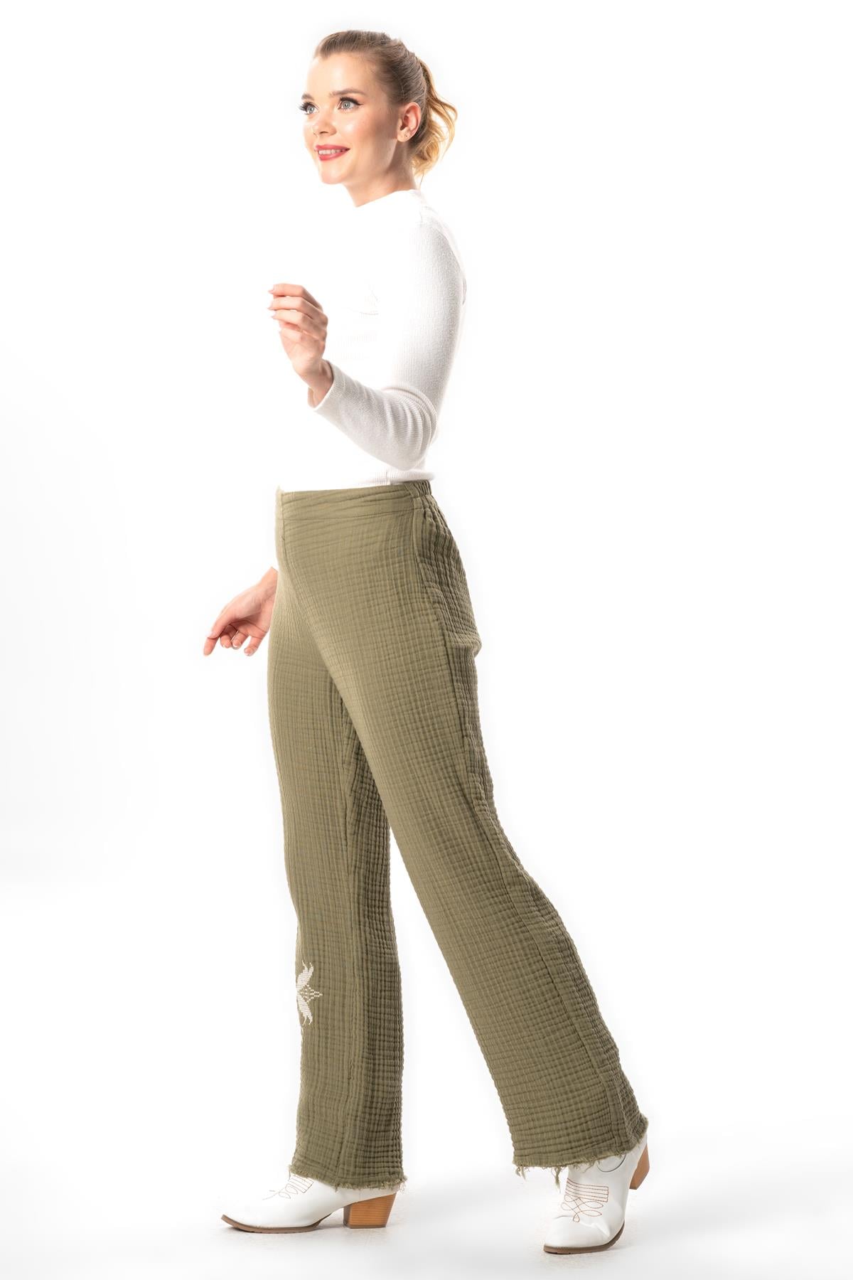 Filiz Fall-Winter Embroidery Detailed Double Muslin Pants Khaki