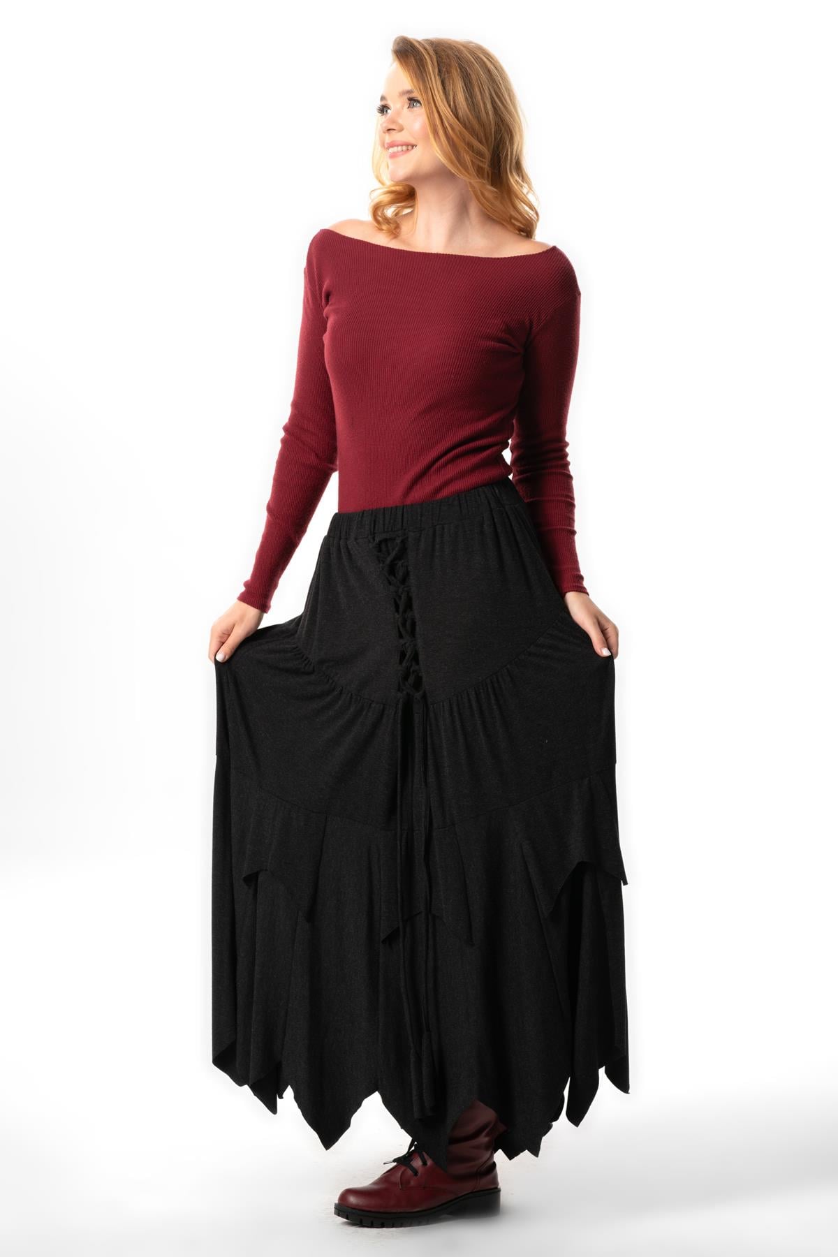 Karsu Asymmetric Cut Long Combed Viscose Skirt Elastic Waist Gray