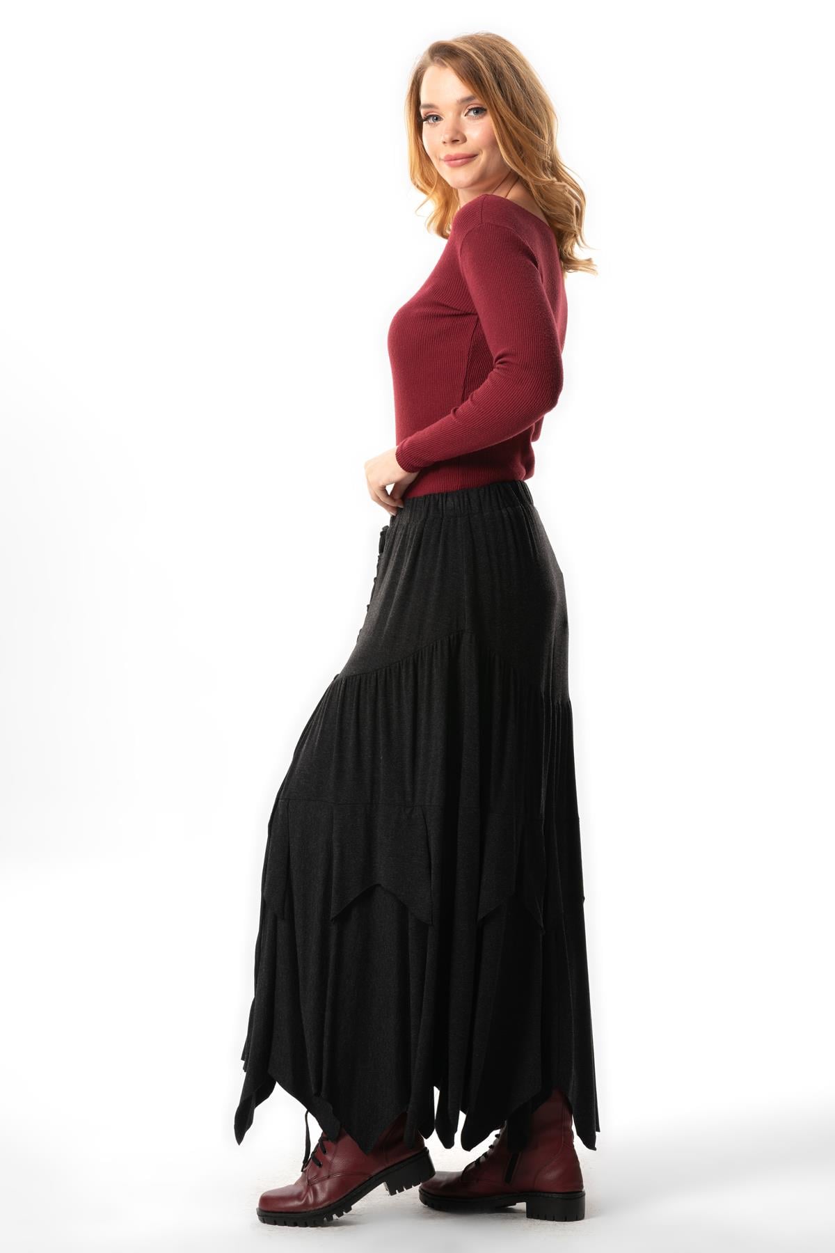 Karsu Asymmetric Cut Long Combed Viscose Skirt Elastic Waist Gray
