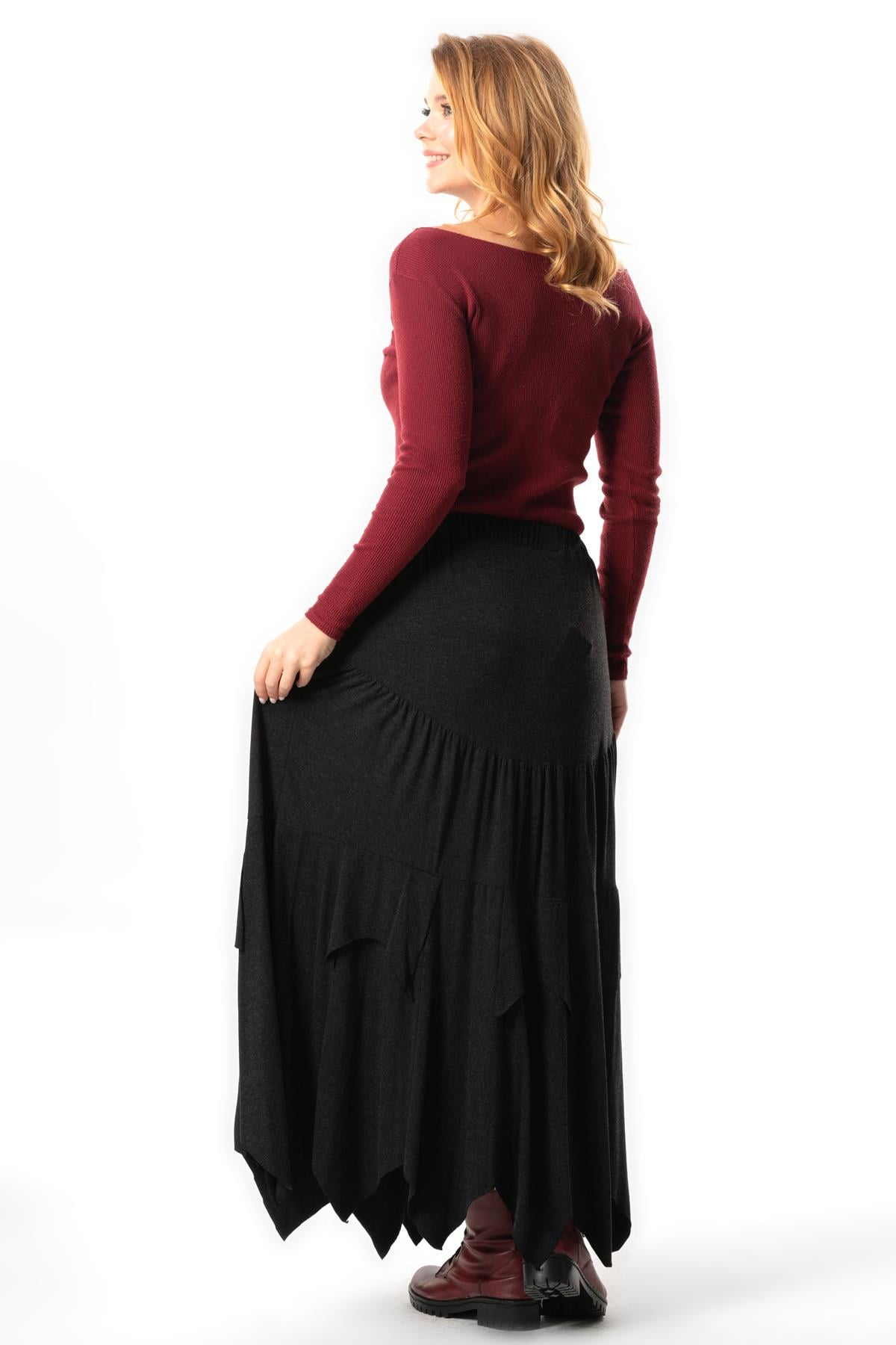 Karsu Asymmetric Cut Long Combed Viscose Skirt Elastic Waist Gray