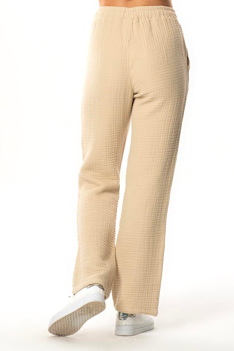 Beli Lastikli Multi Çift Cepli Müslin Kadın/Erkek Unisex Yazlık Pantolon Vizon Vzn