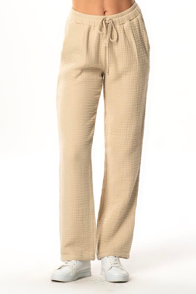 Beli Lastikli Multi Çift Cepli Müslin Kadın/Erkek Unisex Yazlık Pantolon Vizon Vzn