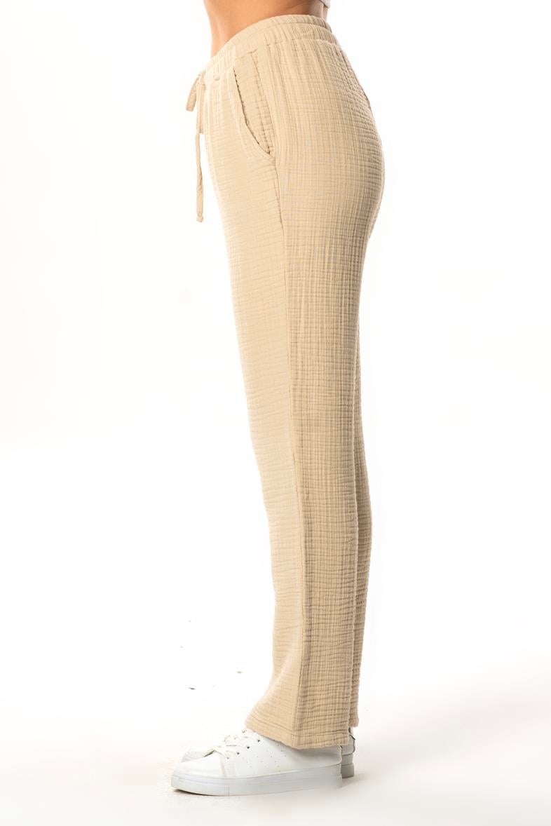 Beli Lastikli Multi Çift Cepli Müslin Kadın/Erkek Unisex Yazlık Pantolon Vizon Vzn