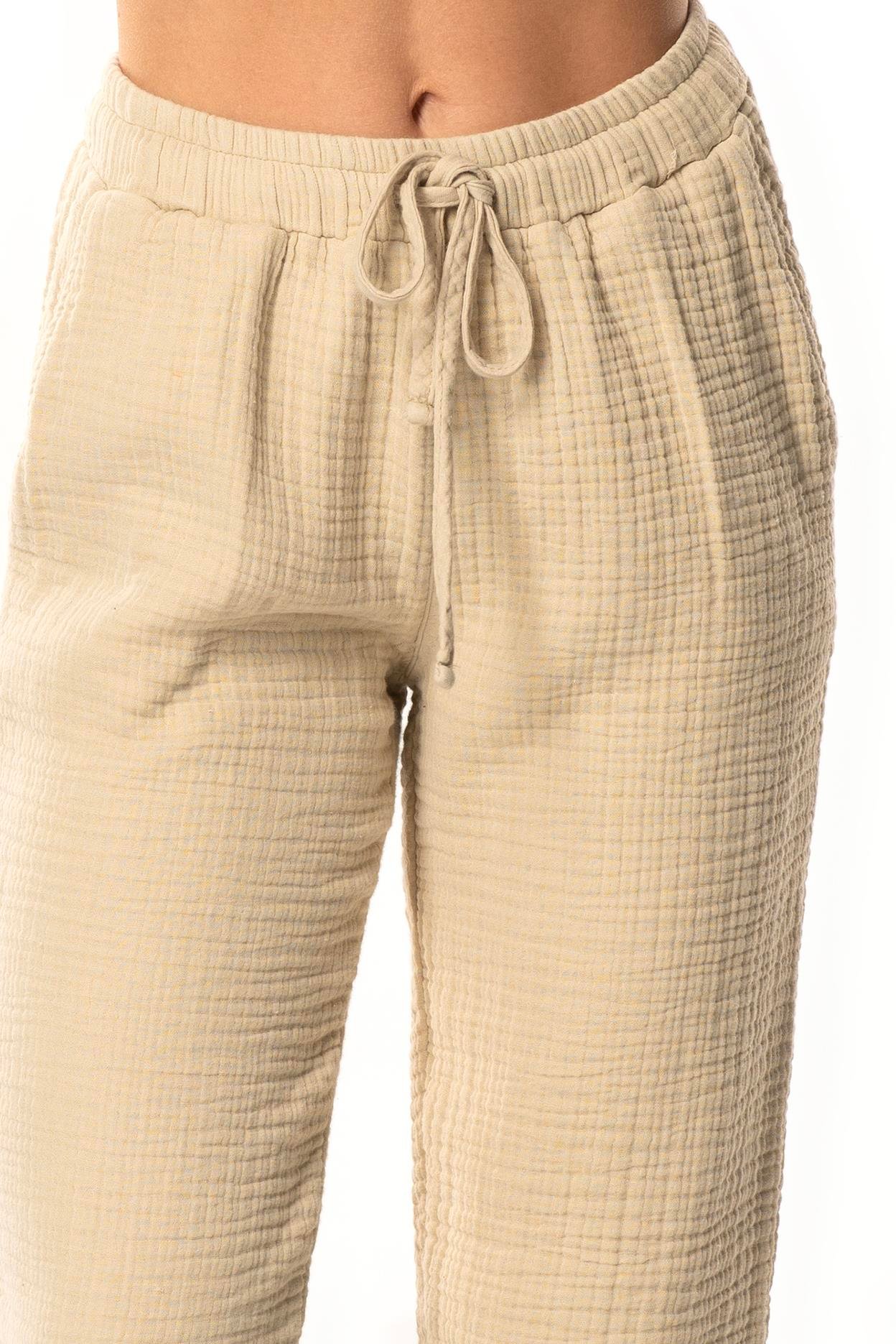 Beli Lastikli Multi Çift Cepli Müslin Kadın/Erkek Unisex Yazlık Pantolon Vizon Vzn