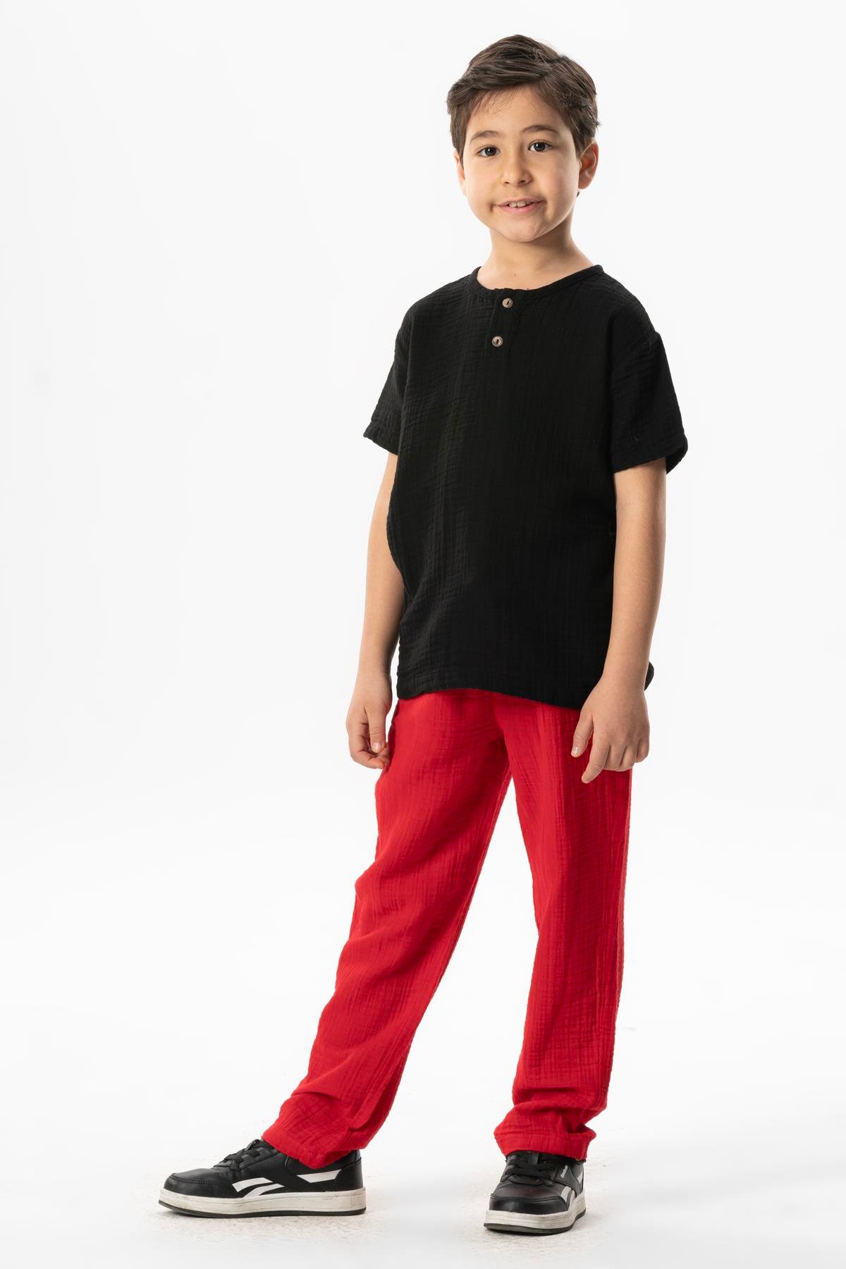 Beli Lastikli Müslin Cepli Yazlık Çocuk Pantolon Kırmızı Krmz