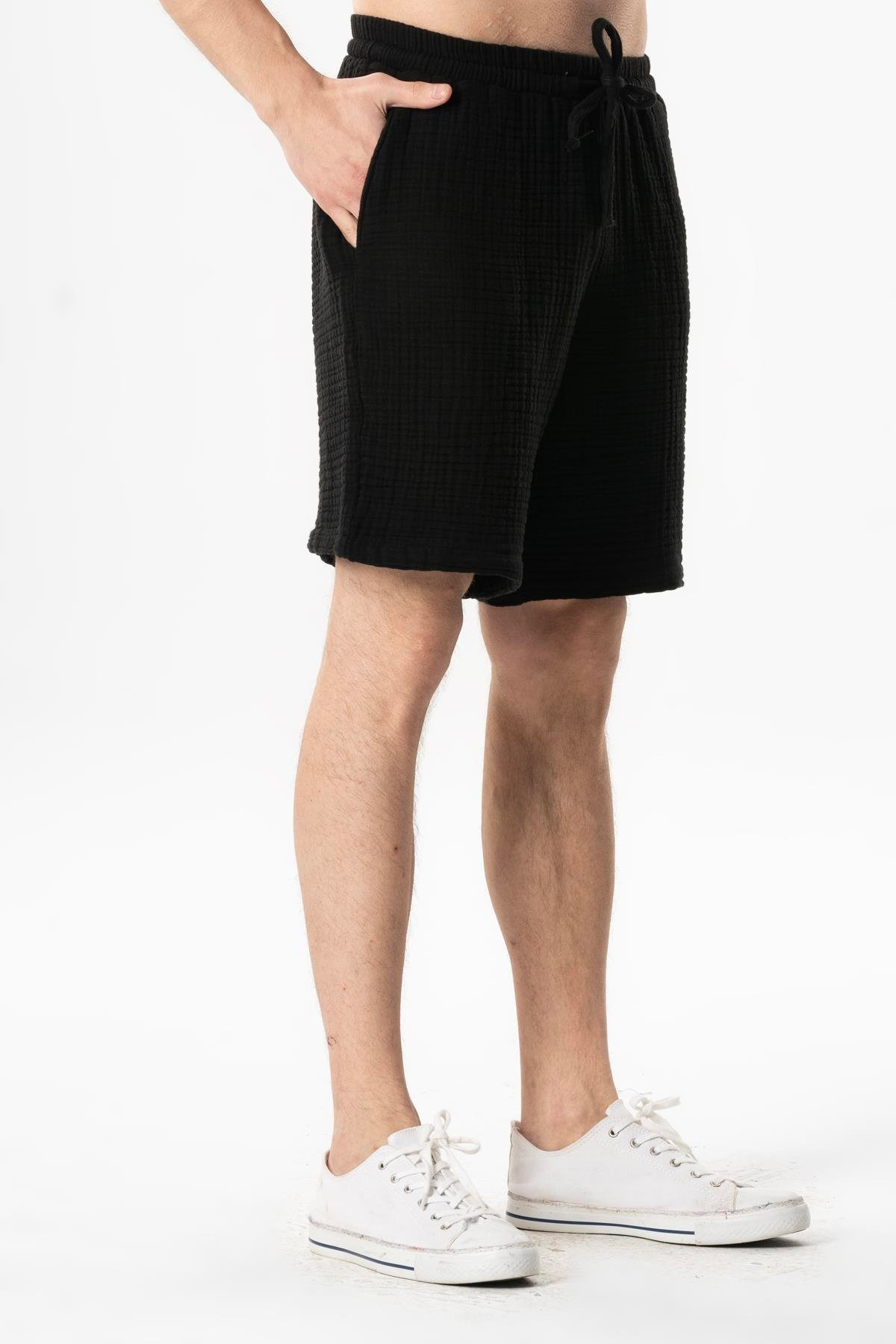 Beli Lastikli Rüzgar Kadın/Erkek Unisex Müslin Yazlık Şort Siyah Syh