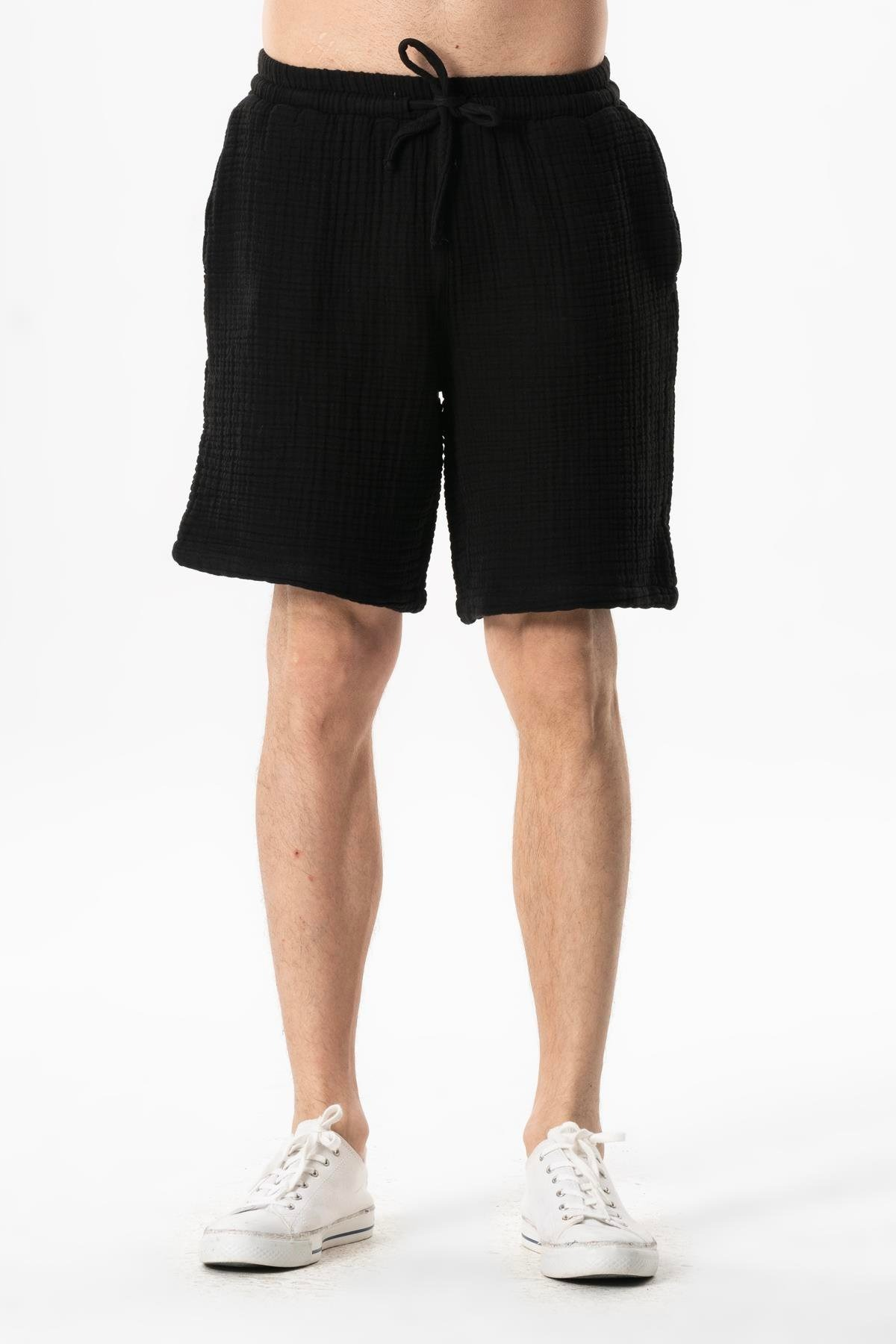 Beli Lastikli Rüzgar Kadın/Erkek Unisex Müslin Yazlık Şort Siyah Syh