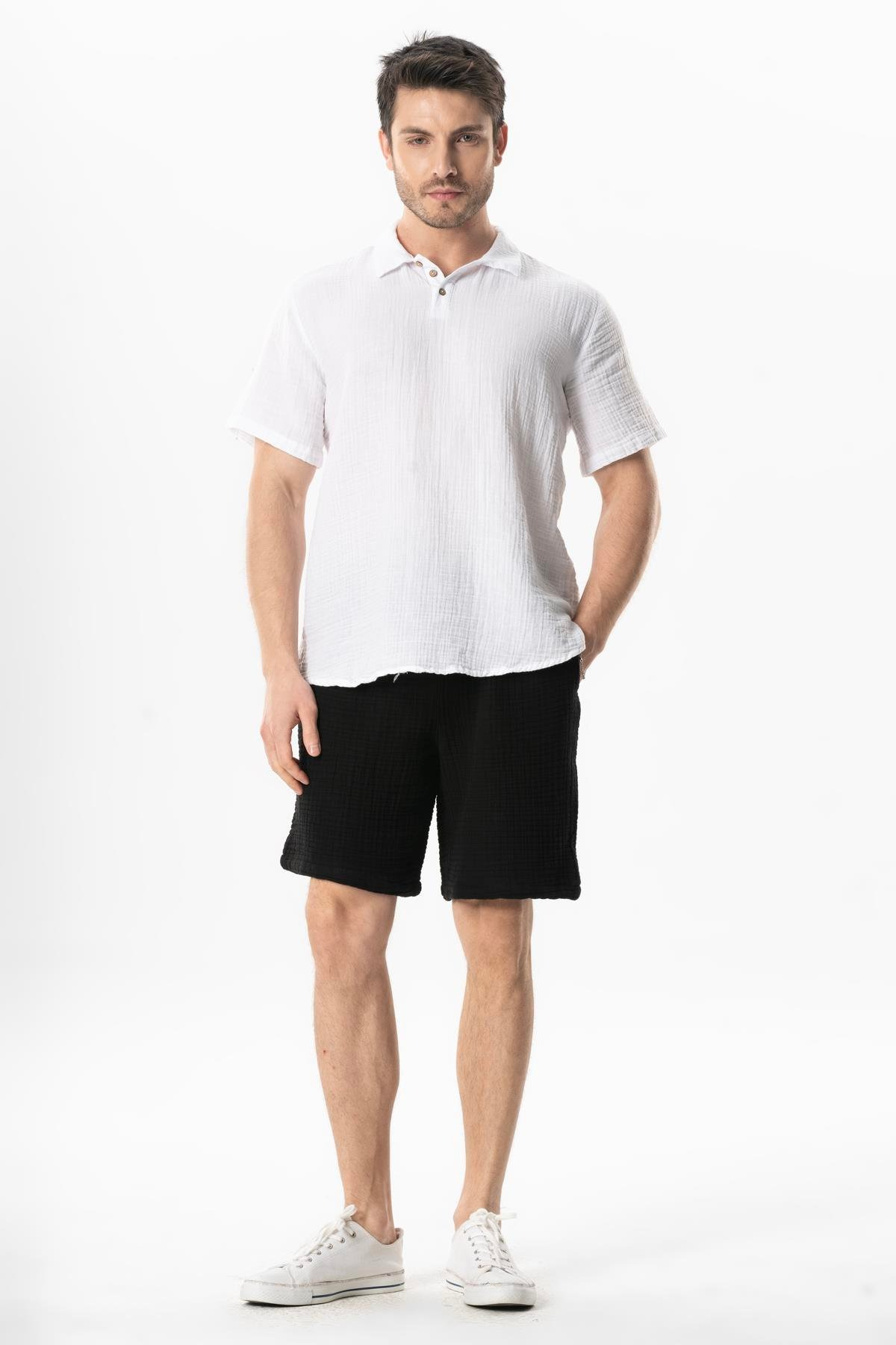 Beli Lastikli Rüzgar Kadın/Erkek Unisex Müslin Yazlık Şort Siyah Syh