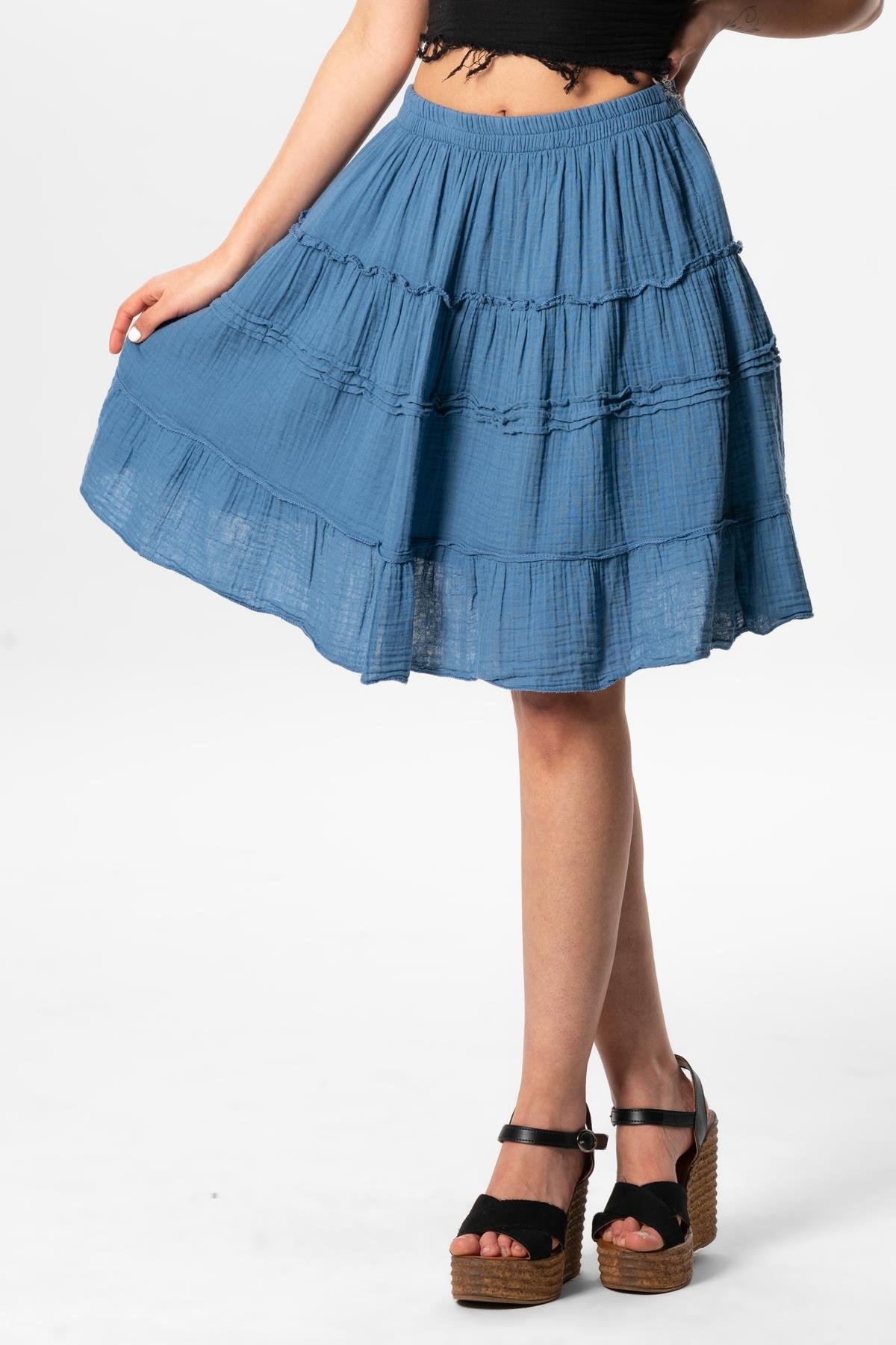 Benan Beli Lastikli Kısa Yazlık Müslin Etek İndigo indg