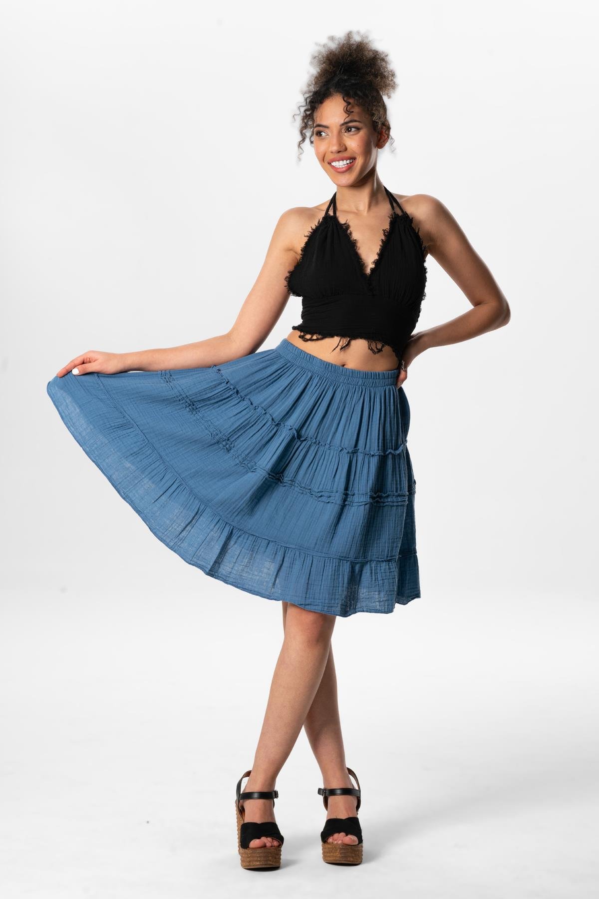 Benan Beli Lastikli Kısa Yazlık Müslin Etek İndigo indg