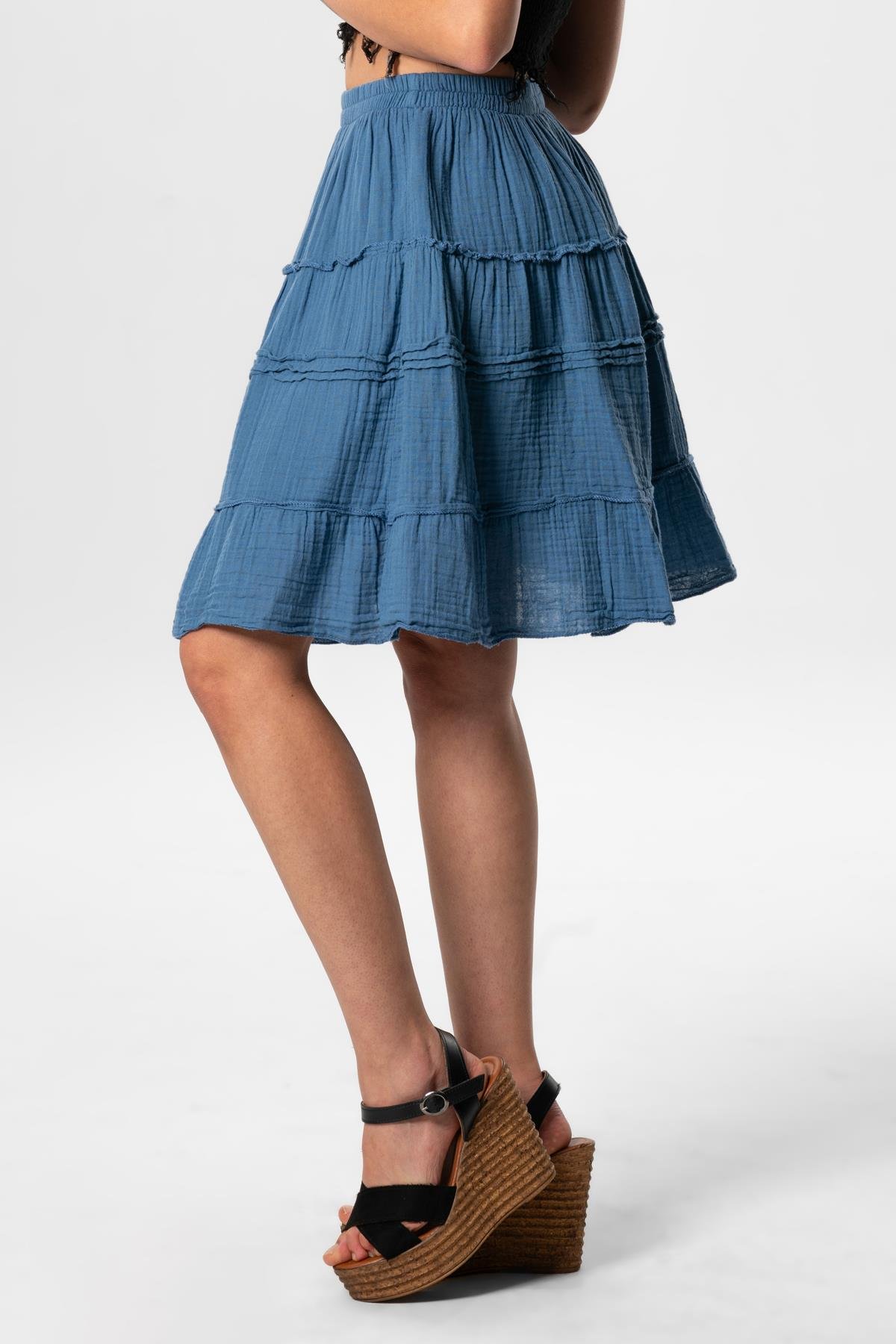 Benan Beli Lastikli Kısa Yazlık Müslin Etek İndigo indg