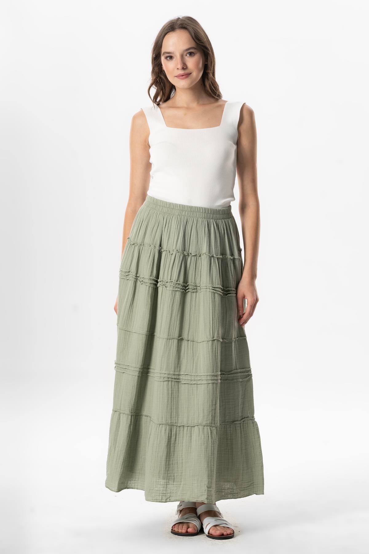 Benan Beli Lastikli Uzun Yazlık Müslin Etek Zeytin Yeşili Zytnysl