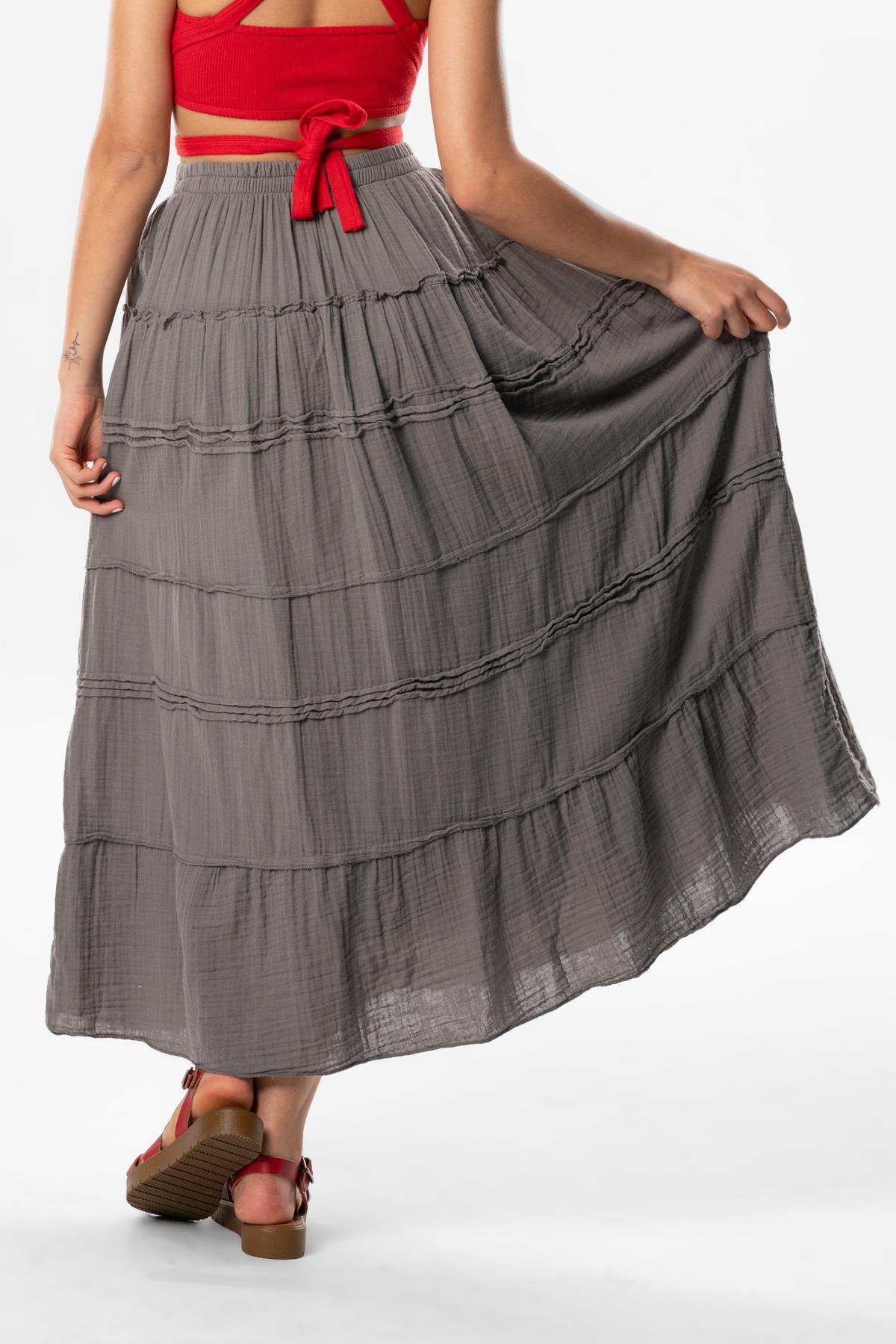 Benan Beli Lastikli Uzun Yazlık Müslin Etek Gri Gri