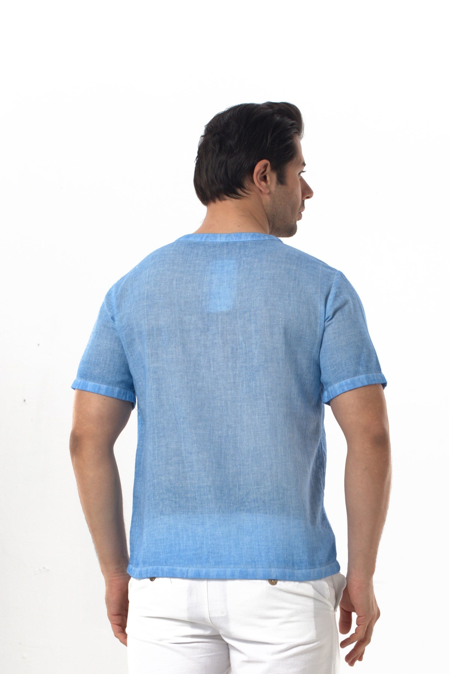 Bora Düğmeli V Yaka Kısa Kol Poplin Erkek Tişört | Yazlık Erkek Tshirt Açık Mavi Amv