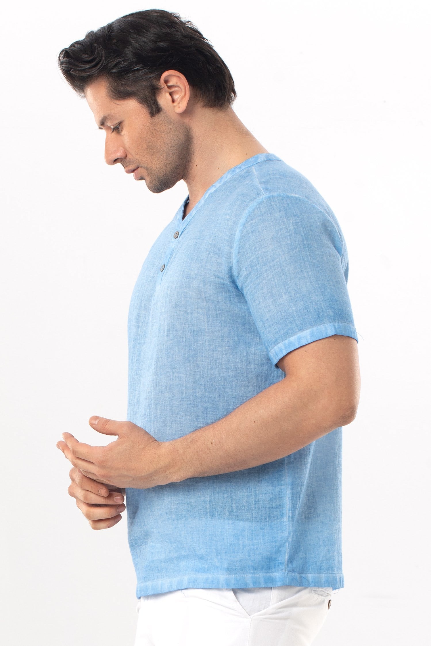 Bora Düğmeli V Yaka Kısa Kol Poplin Erkek Tişört | Yazlık Erkek Tshirt Açık Mavi Amv