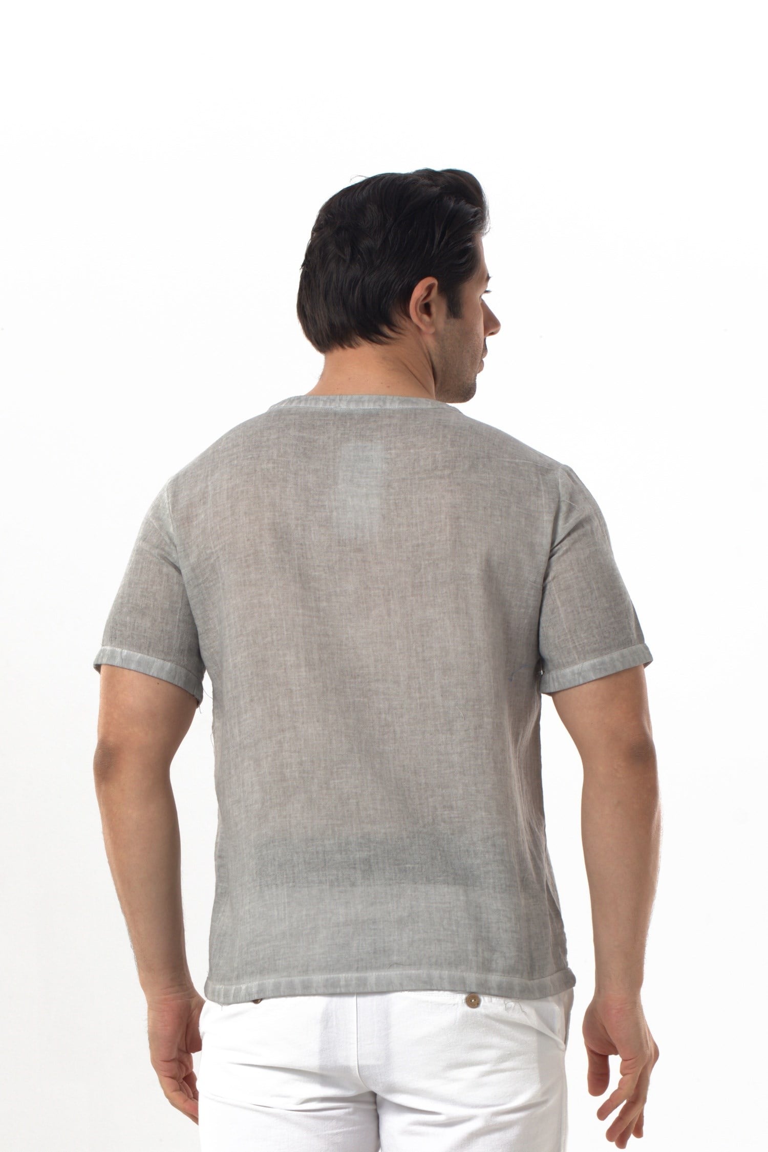 Bora Düğmeli V Yaka Kısa Kol Poplin Erkek Tişört | Yazlık Erkek Tshirt Gri Gri