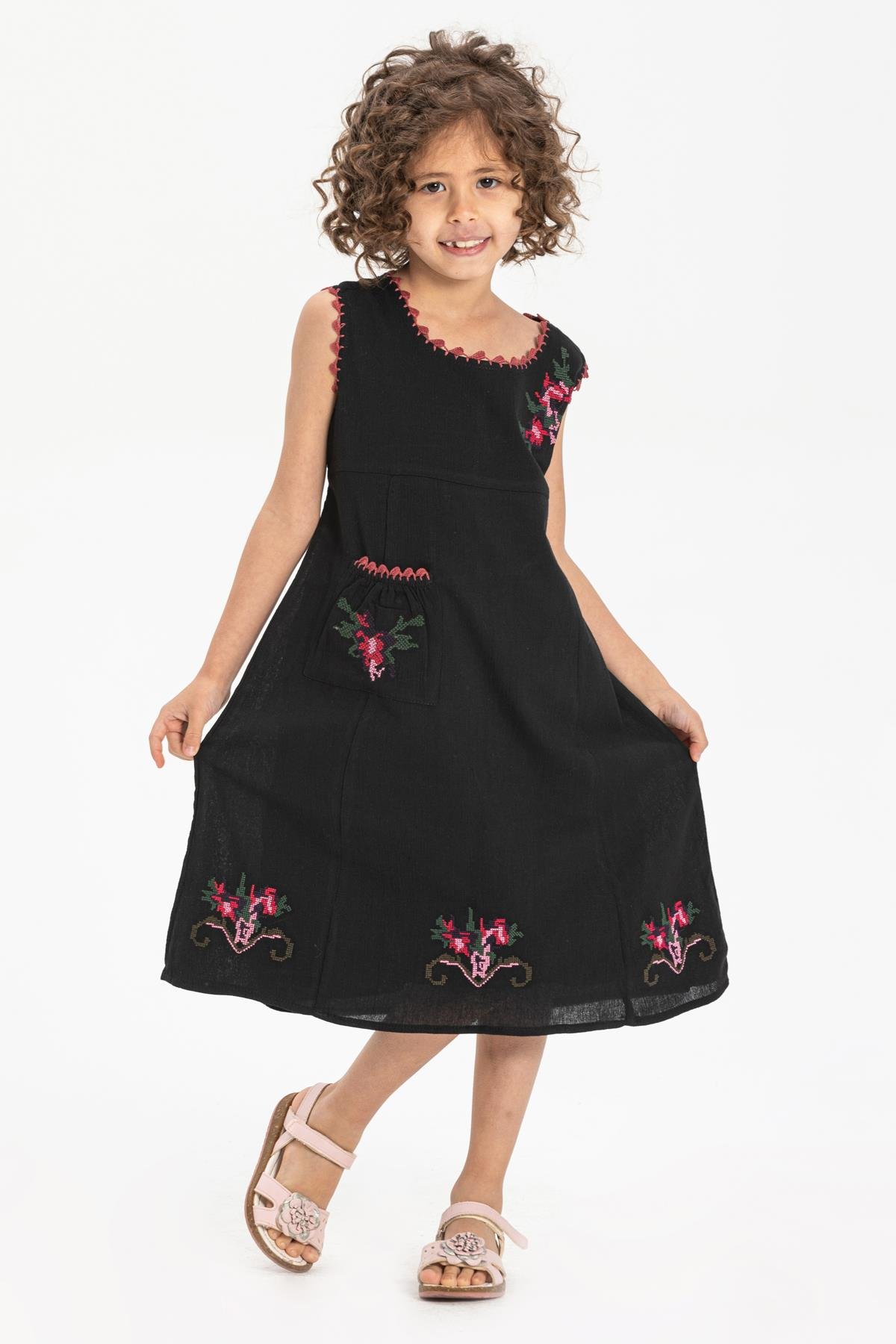 Burçak Şile Bezi Kız Çocuk Elbise Siyah Syh