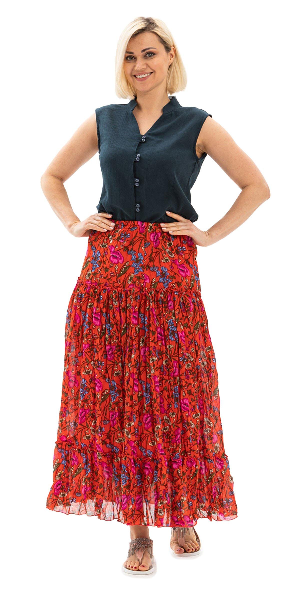 Buse Voile Long Skirt Gelincik Pattern Red