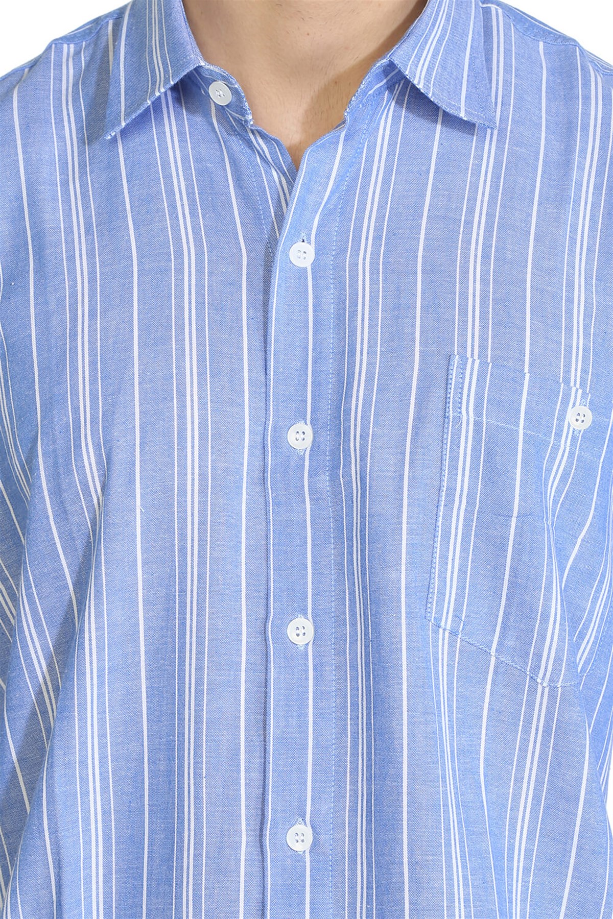 Büyük Beden Kısa Kol Gömlek Mavi Beyaz Çizgi