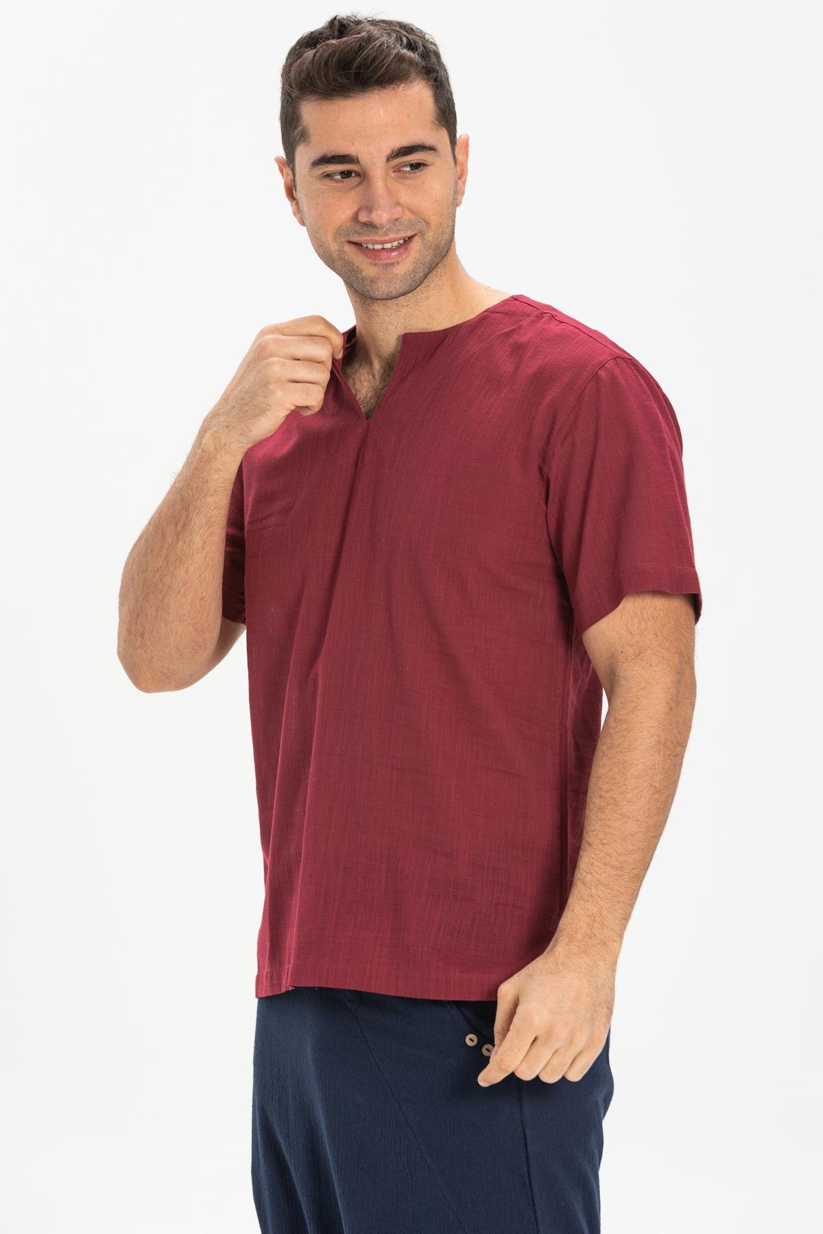 Büyük Beden Kısa Kol Şile Bezi Bisiklet Yaka Erkek Tshirt Koyu Bordo 3068