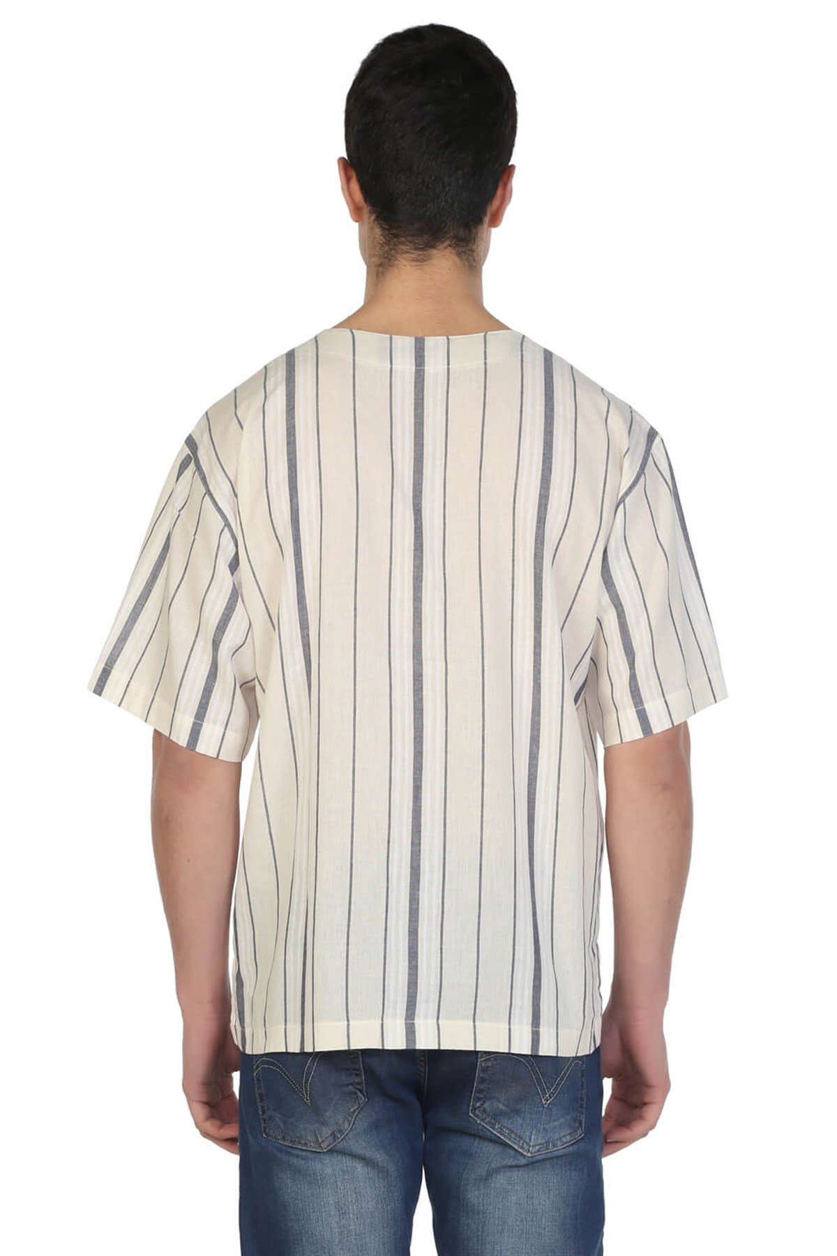 Büyük Beden Kısa Kol Şile Bezi Bisiklet Yaka Erkek Tshirt Ekru Gri Çizgili