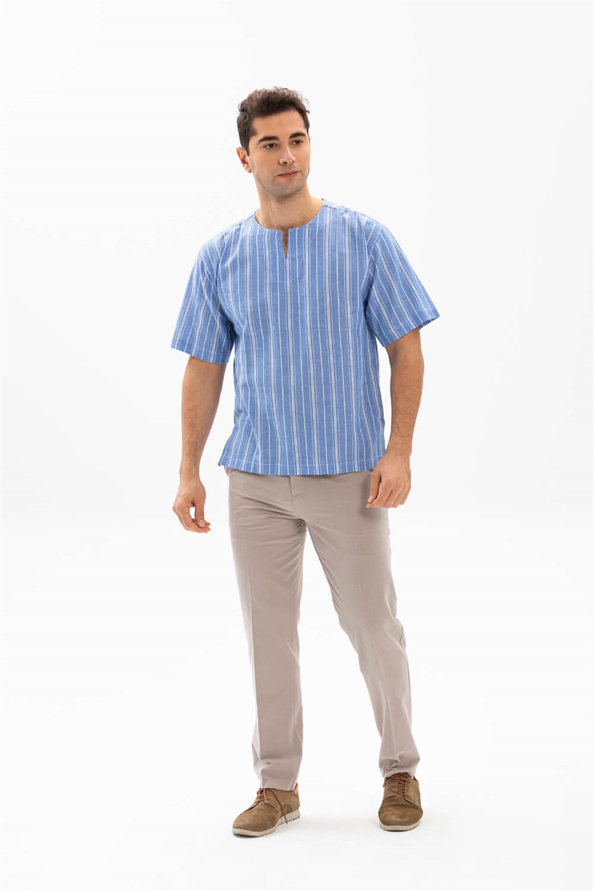 Büyük Beden Kısa Kol Şile Bezi Bisiklet Yaka Erkek Tshirt Mavi Beyaz Çizgili