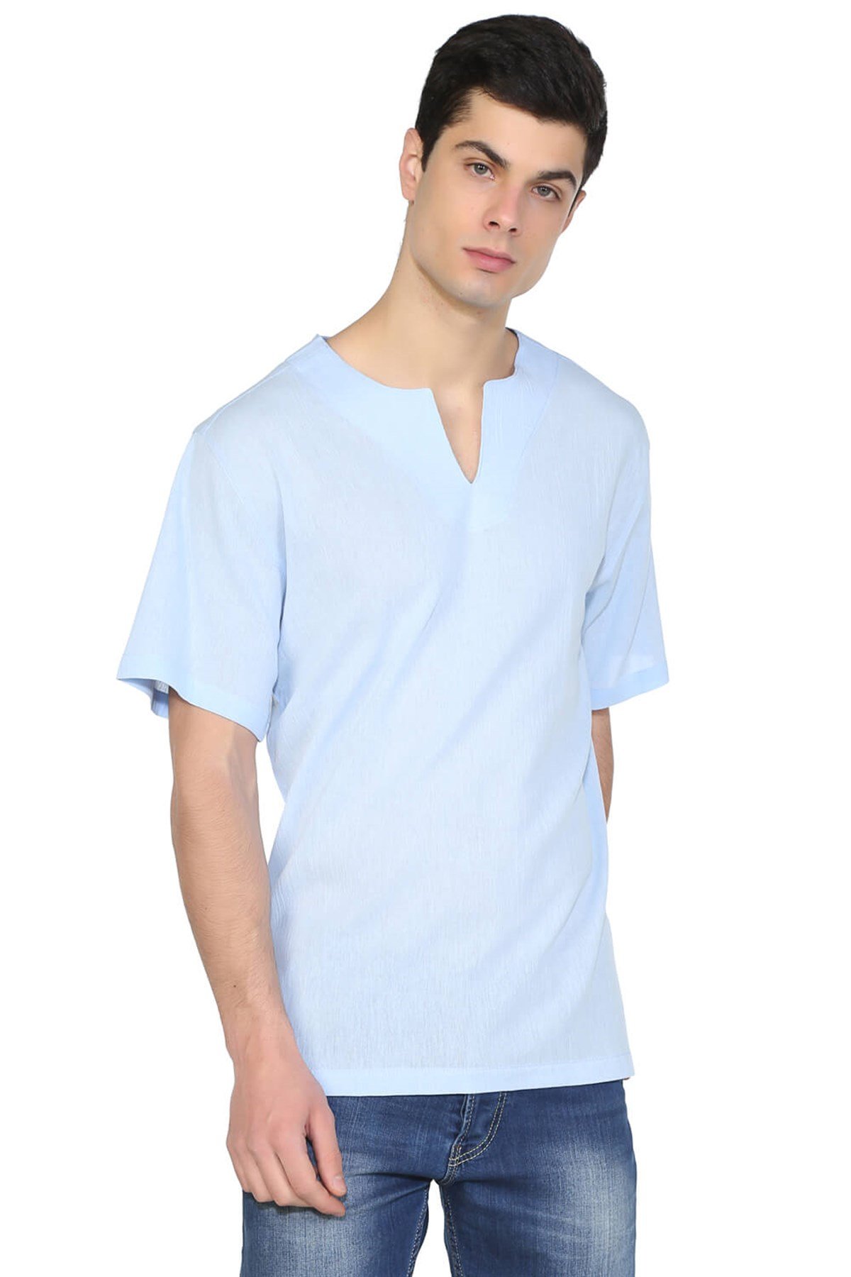 Büyük Beden Kısa Kol Şile Bezi Bisiklet Yaka Erkek Tshirt Buz Mavi