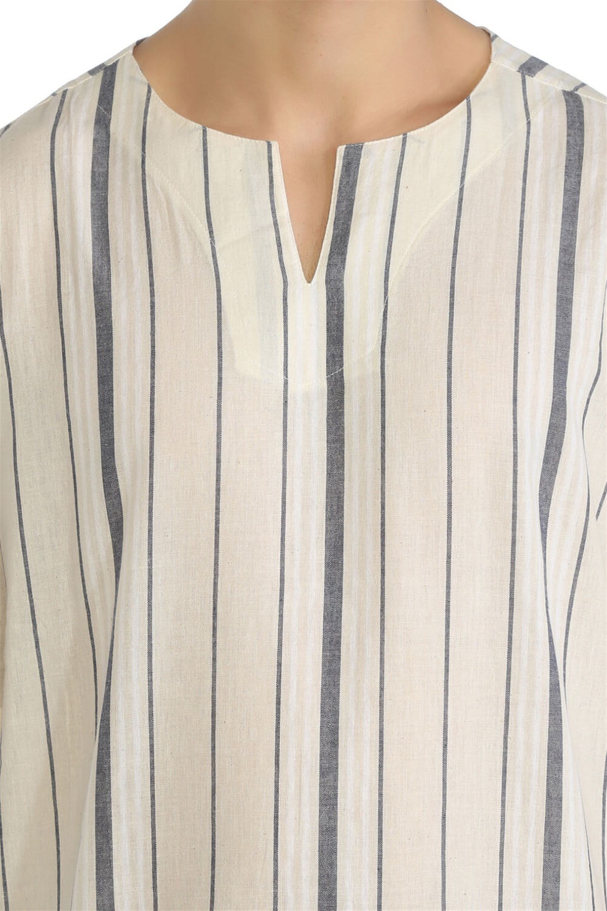 Büyük Beden Kısa Kol Şile Bezi Bisiklet Yaka Erkek Tshirt Ekru Gri Çizgili