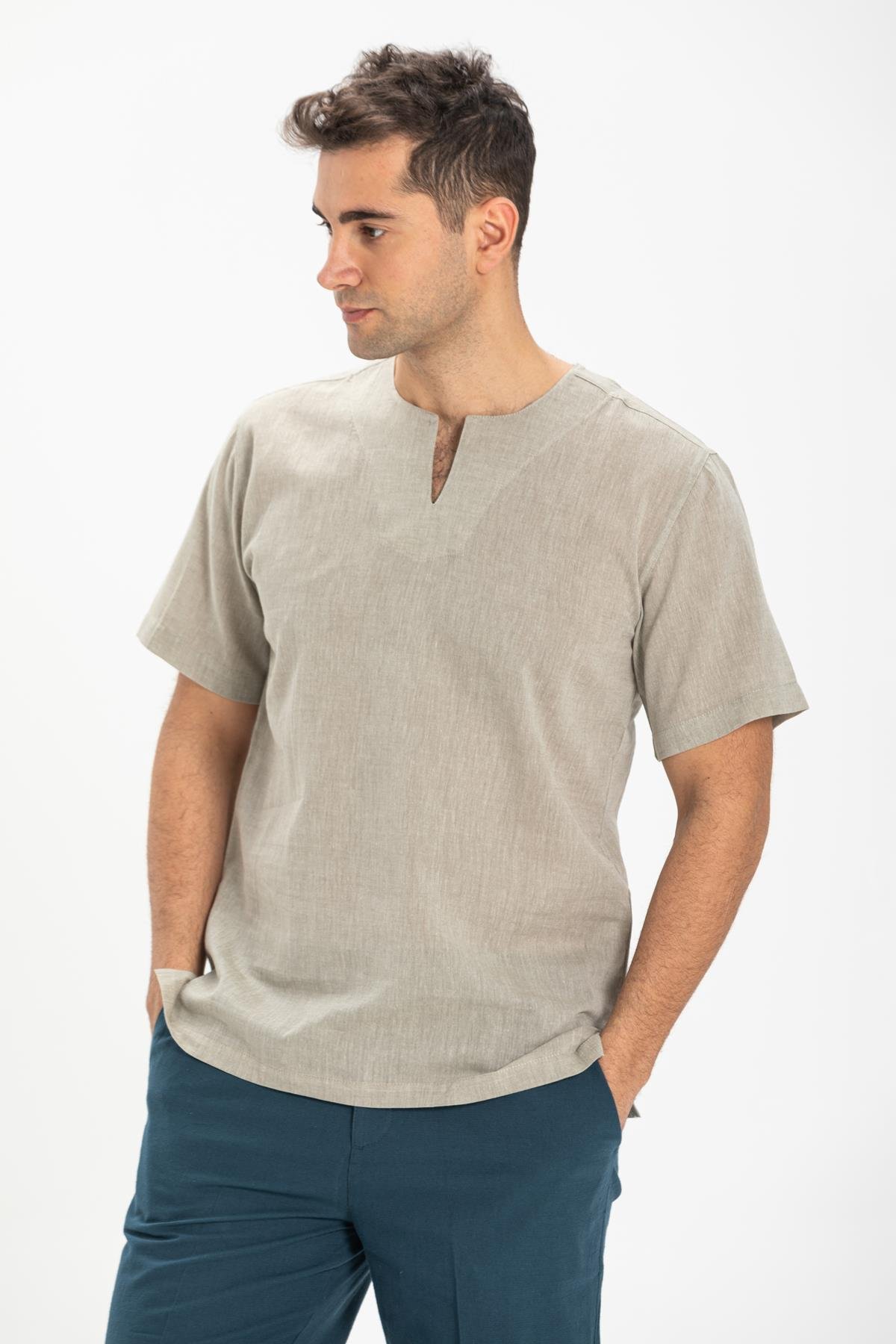 Büyük Beden Kısa Kol Şile Bezi Bisiklet Yaka Erkek Tshirt Taş 3031