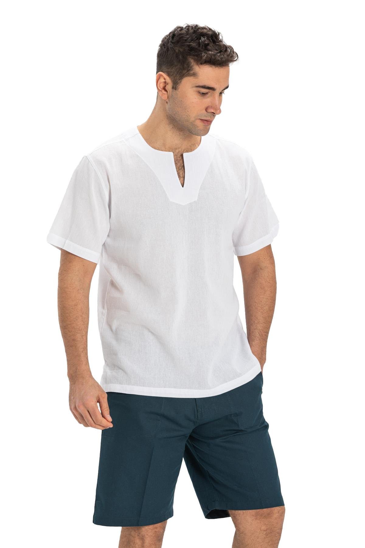 Büyük Beden Kısa Kol Şile Bezi Bisiklet Yaka Erkek Tshirt Beyaz 3001