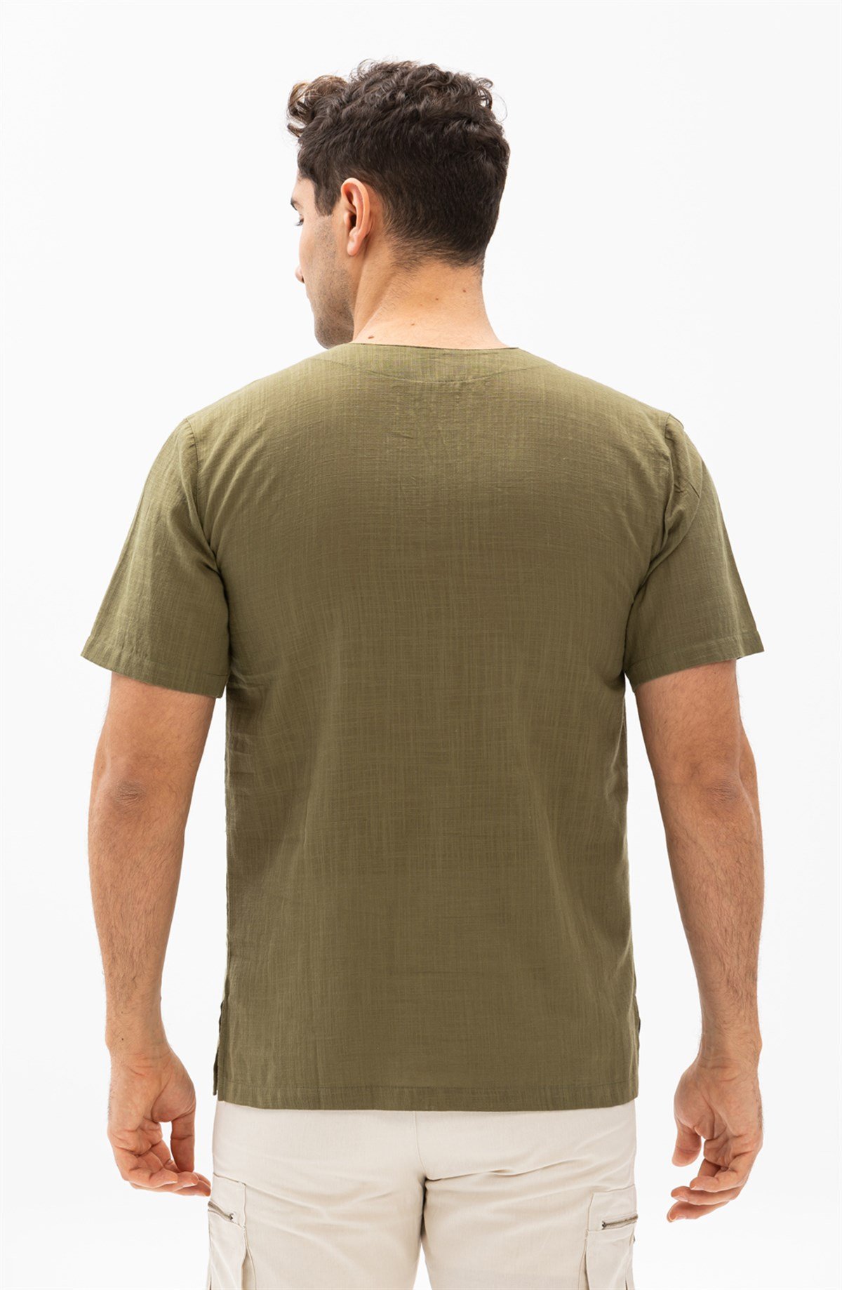 Büyük Beden Kısa Kol Şile Bezi Bisiklet Yaka Erkek Tshirt Haki 3049