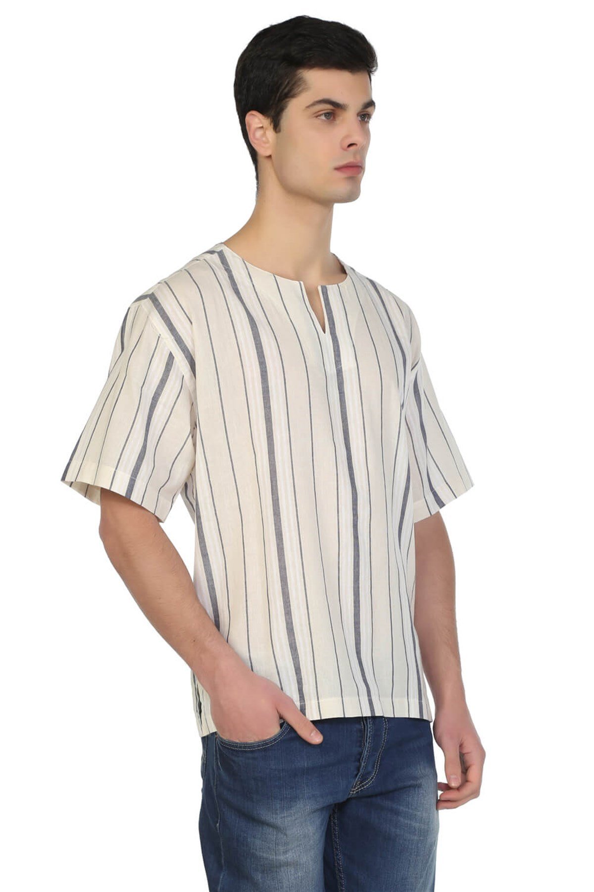 Büyük Beden Kısa Kol Şile Bezi Bisiklet Yaka Erkek Tshirt Ekru Gri Çizgili