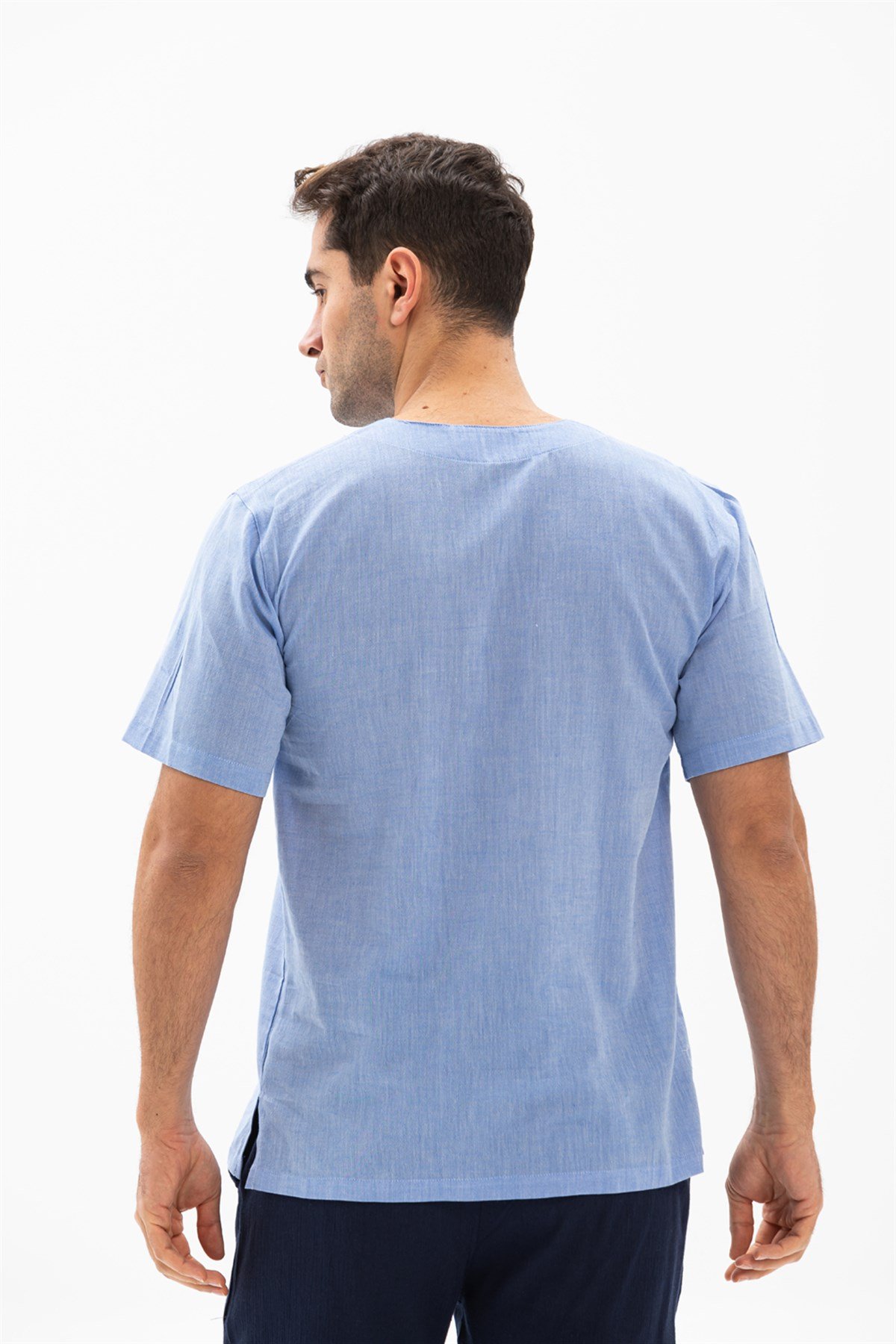 Büyük Beden Kısa Kol Şile Bezi Bisiklet Yaka Erkek Tshirt Mavi