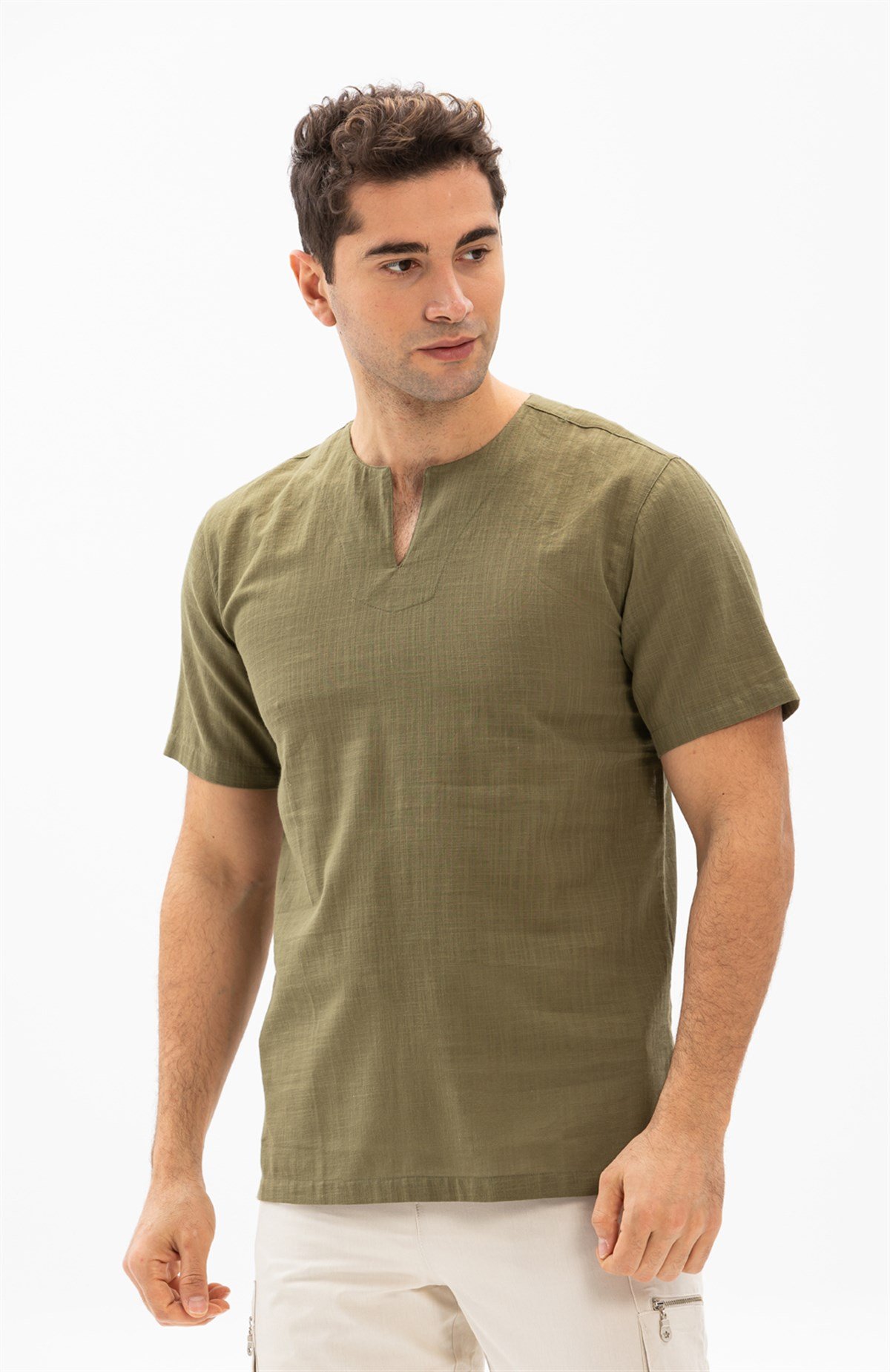 Büyük Beden Kısa Kol Şile Bezi Bisiklet Yaka Erkek Tshirt Haki 3049