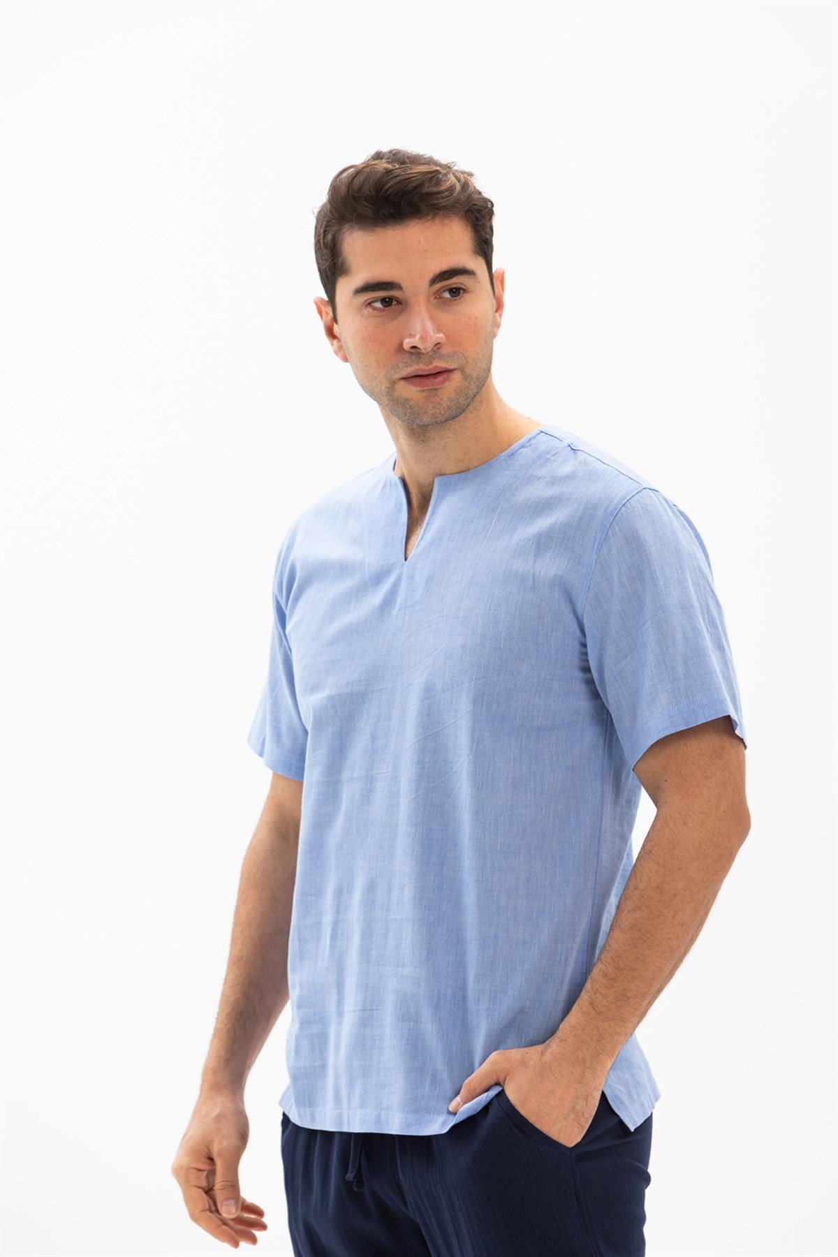 Büyük Beden Kısa Kol Şile Bezi Bisiklet Yaka Erkek Tshirt Mavi