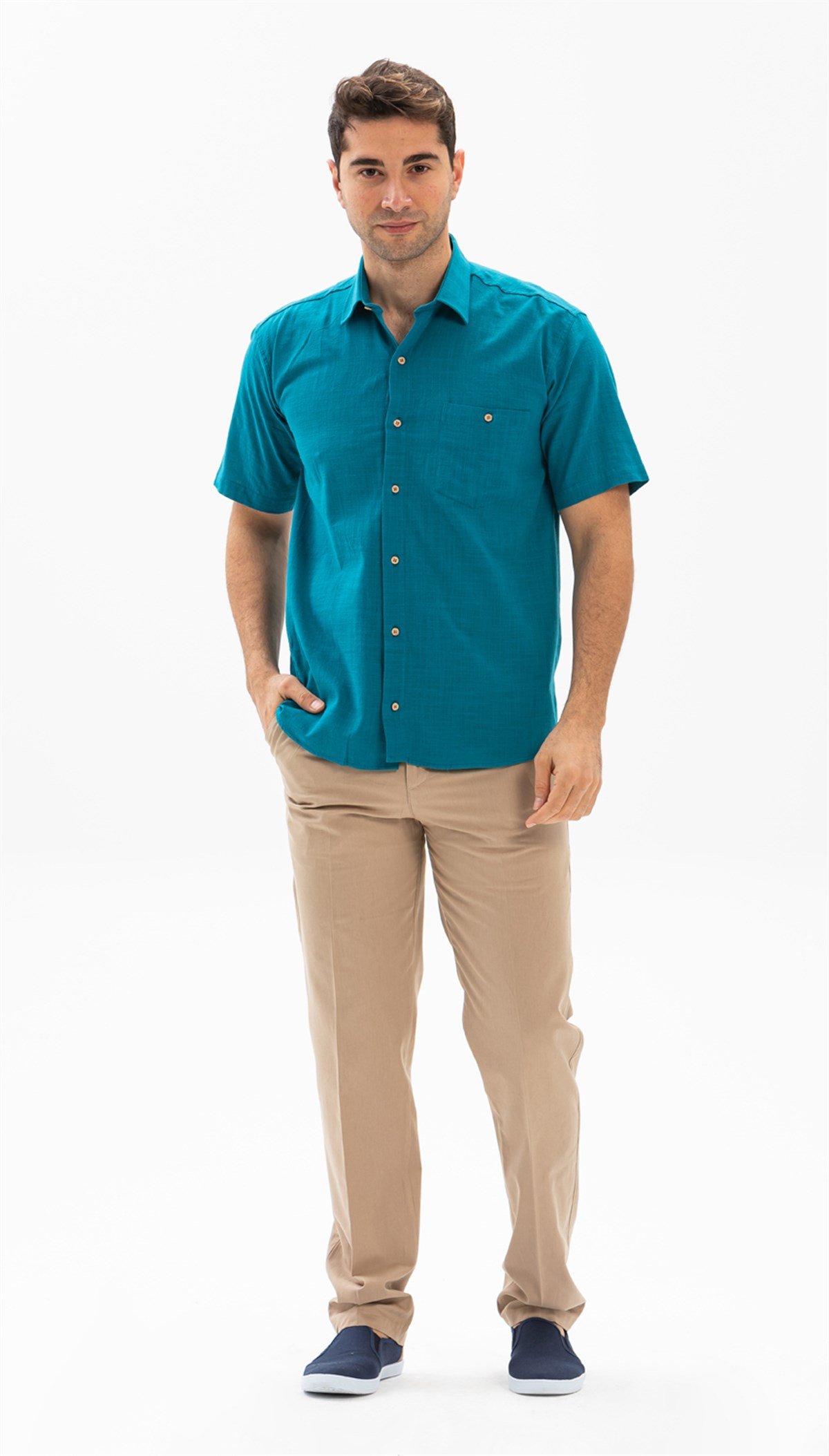 Büyük Beden Kısa Kol Şile Bezi Erkek Gömlek Petrol