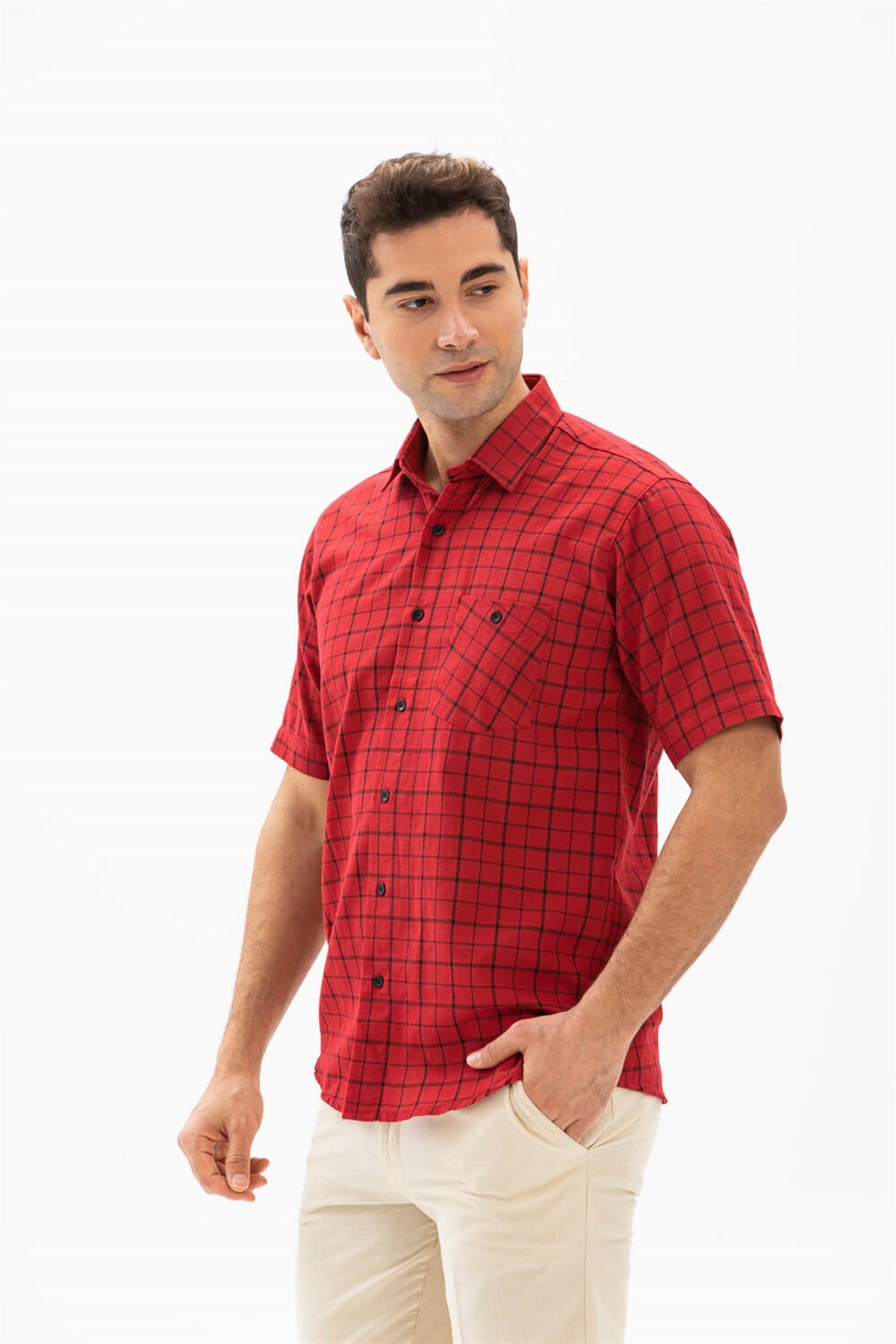 Büyük Beden Kısa Kol Şile Bezi Erkek Gömlek Kırmızı Kareli