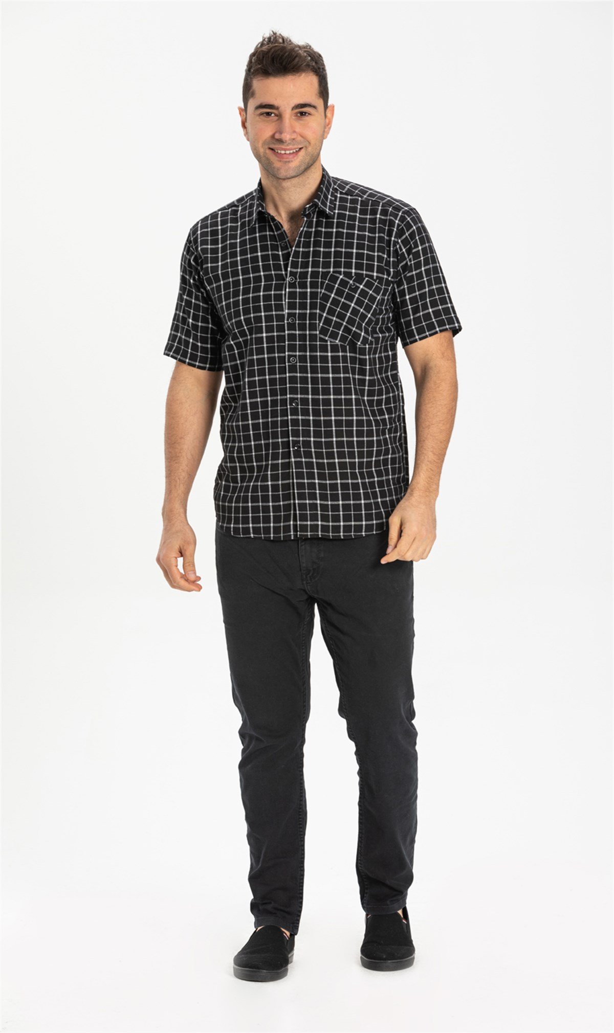 Büyük Beden Kısa Kol Şile Bezi Erkek Gömlek Siyah Kareli 3055