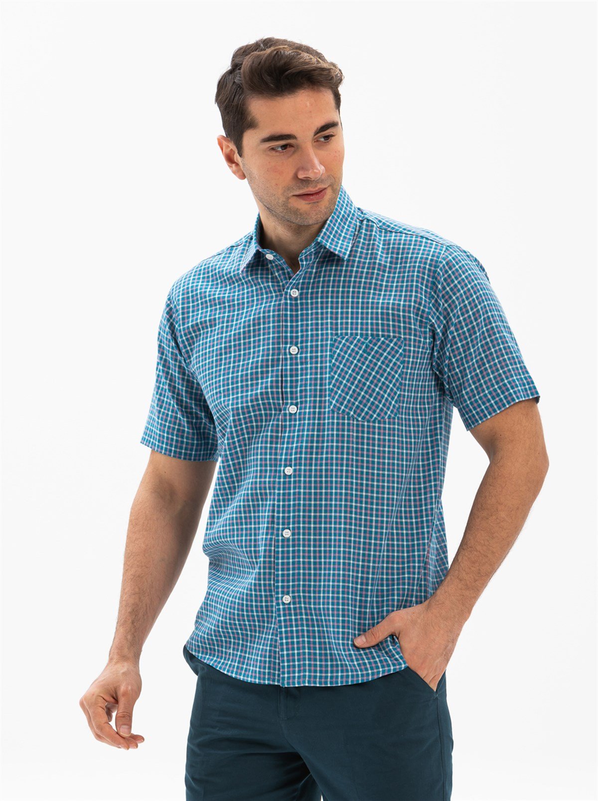 Büyük Beden Kısa Kol Şile Bezi Erkek Gömlek Petrol Ekose