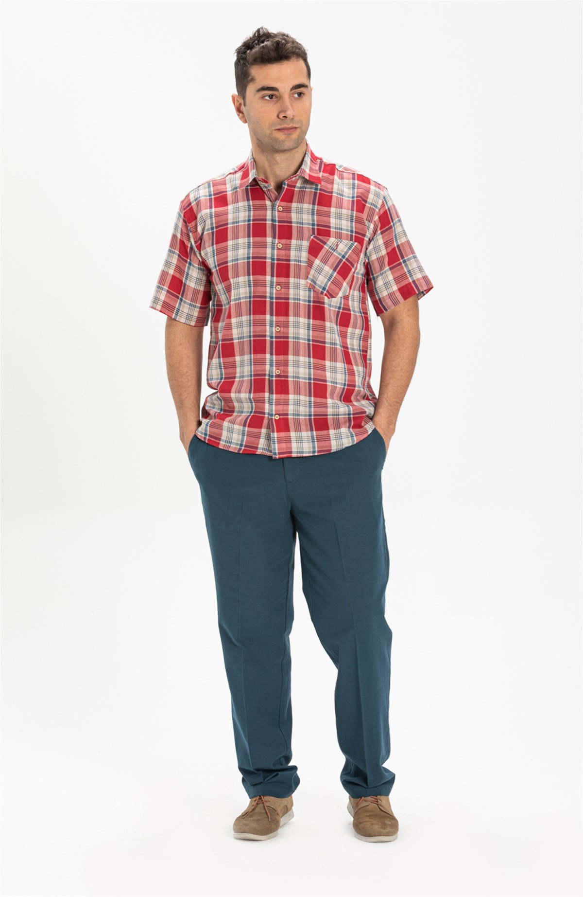 Büyük Beden Kısa Kol Şile Bezi Erkek Gömlek Kırmızı Lacivert Ekose 3057