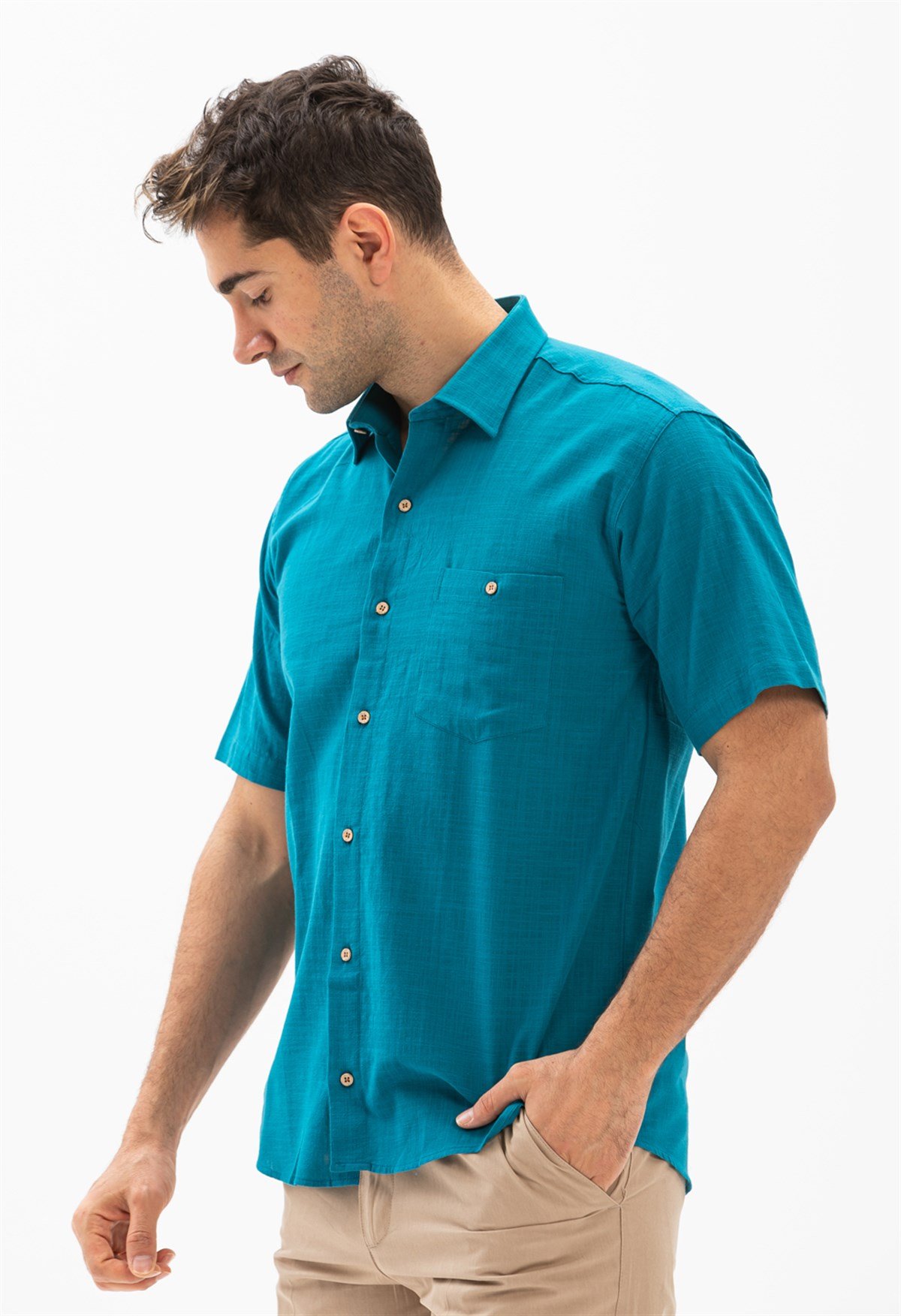 Büyük Beden Kısa Kol Şile Bezi Erkek Gömlek Petrol