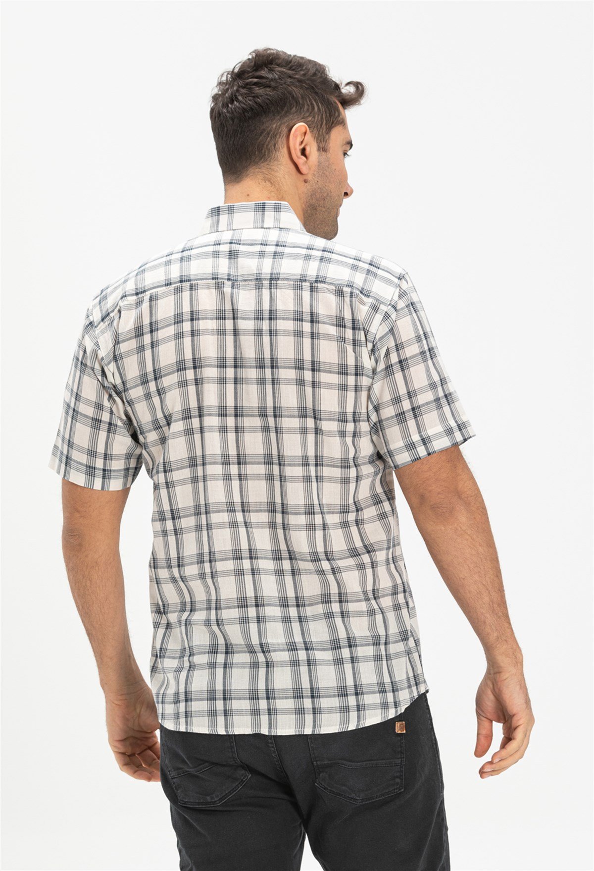 Büyük Beden Kısa Kol Şile Bezi Erkek Gömlek Siyah Ekose 3062