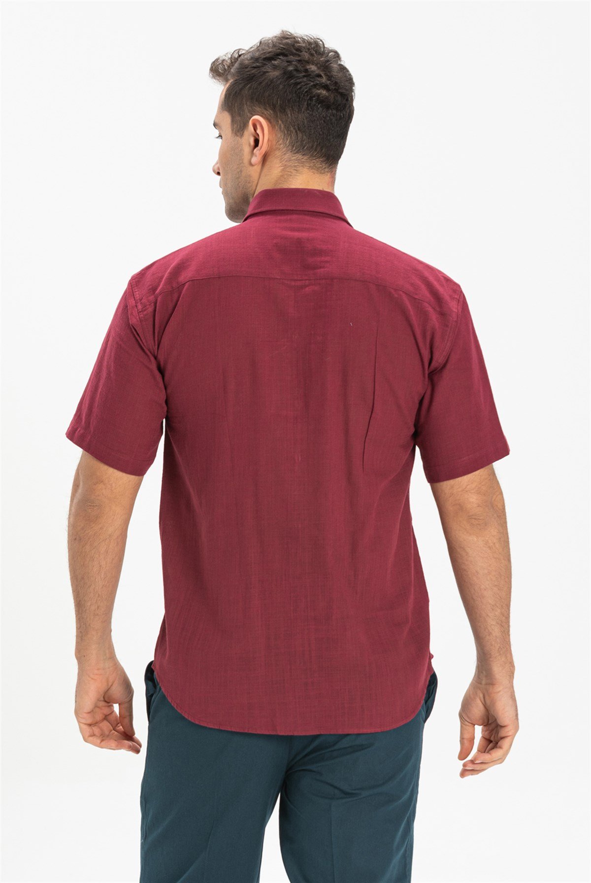 Büyük Beden Kısa Kol Şile Bezi Erkek Gömlek Koyu Bordo 3068