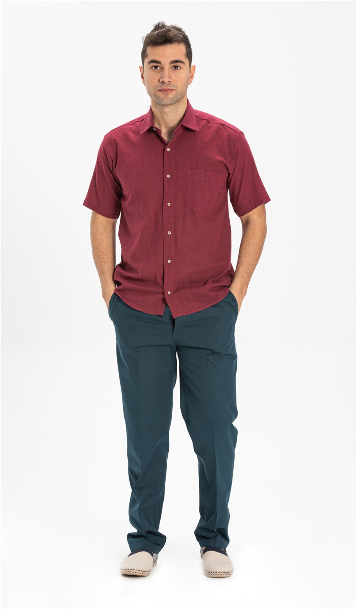 Büyük Beden Kısa Kol Şile Bezi Erkek Gömlek Koyu Bordo 3068